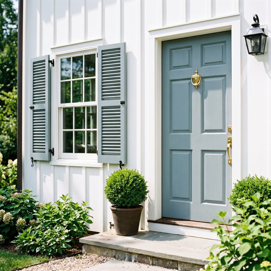 A front door and traditional window shutters painted in a smoky blue hue stand out against bright white board-and-batten siding and a polished brass door knocker.