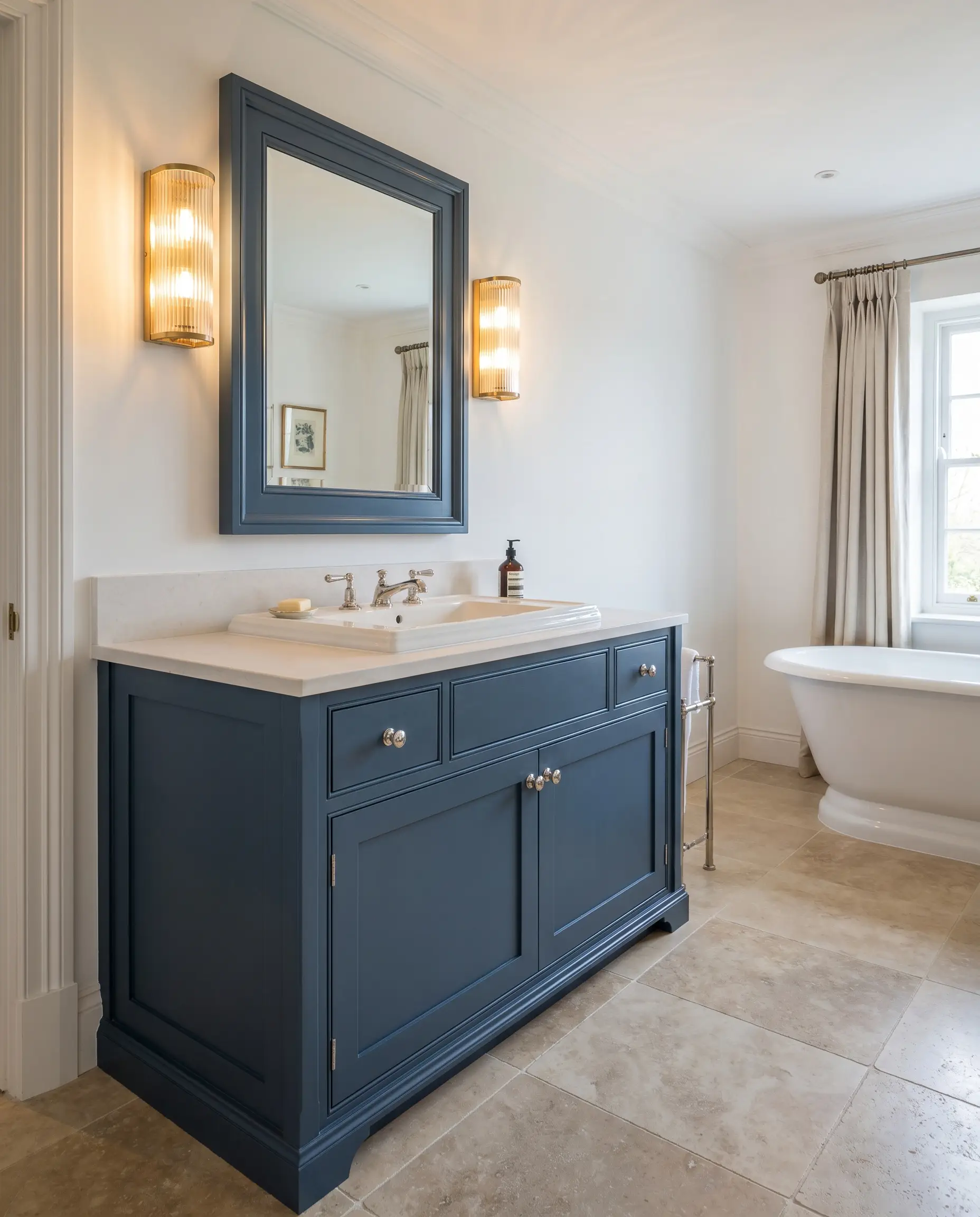 A fluted glass sconce emits a warm glow above a saturated cool-toned navy custom vanity fitted with polished nickel hardware and a crisp white sink basin.