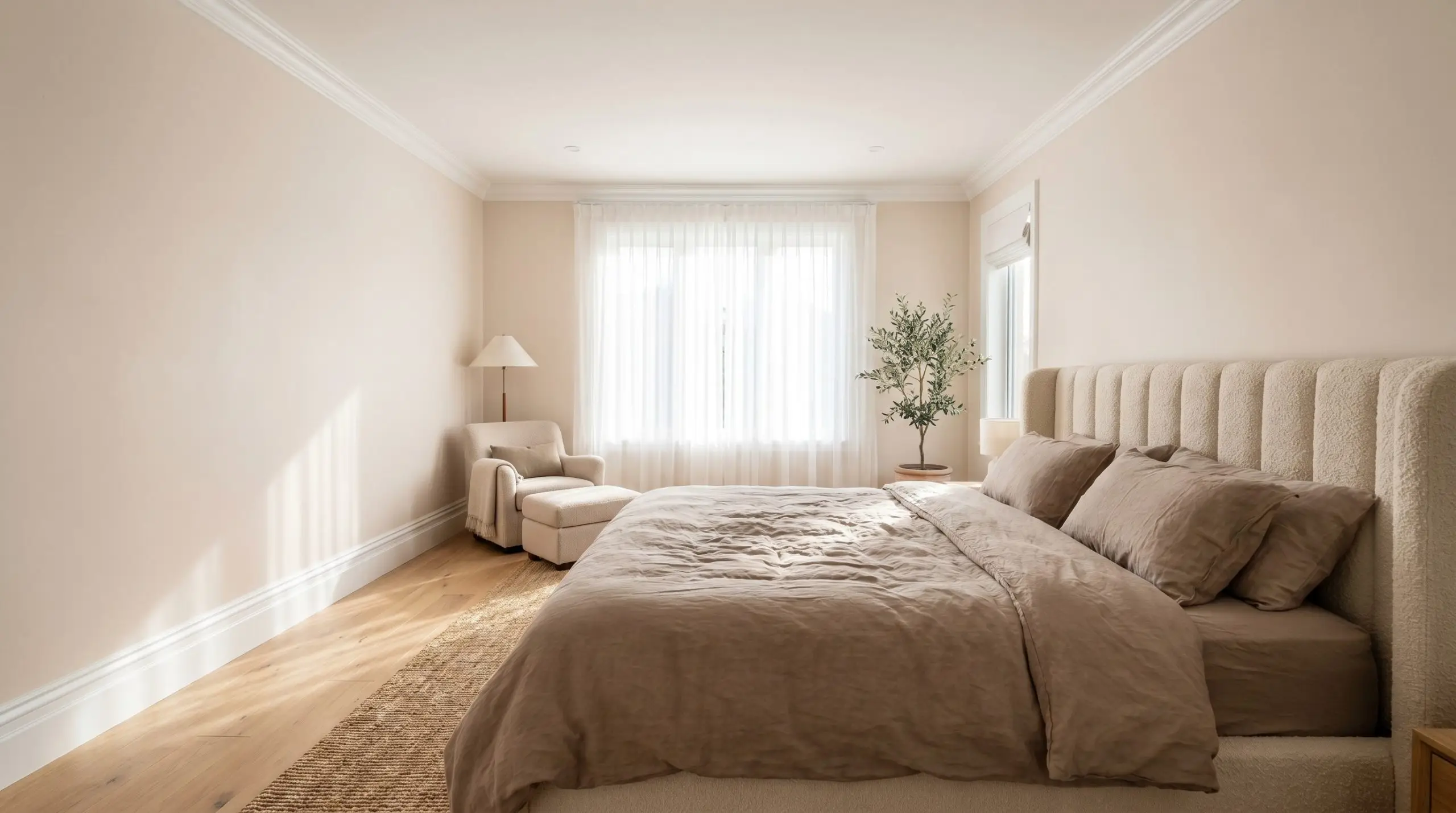 A transitional elegant bedroom painted in Benjamin Moore Head Over Heels (Hex #EFDED2) showcases a channel-stitched bouclé headboard dressed in warm taupe washed linen.