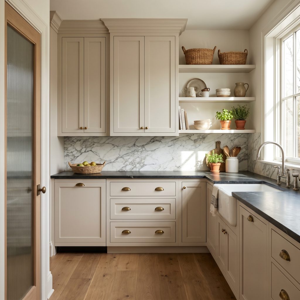 Classic greige shaker cabinetry pairs with dark honed soapstone countertops and unlacquered brass cup pulls against a heavily veined white marble backsplash.