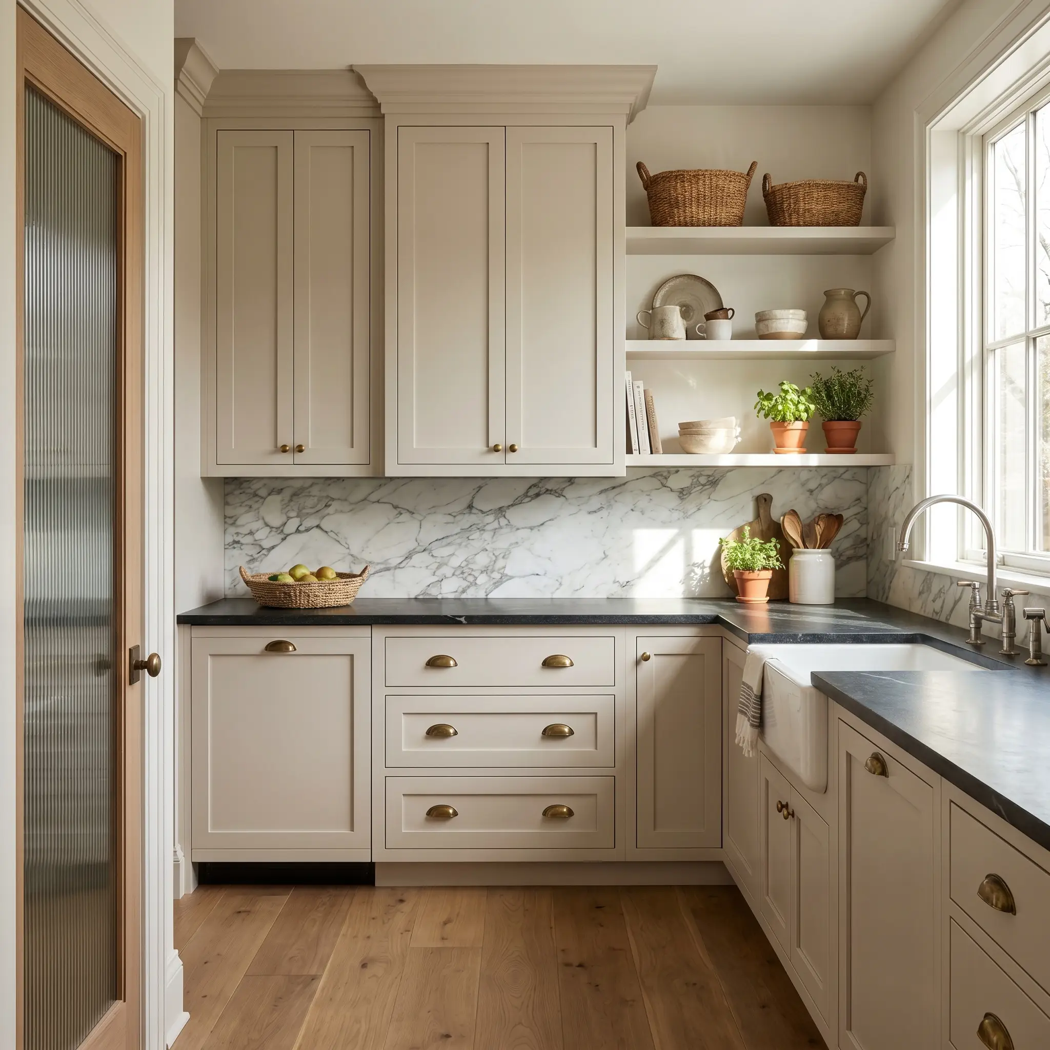 Classic greige shaker cabinetry pairs with dark honed soapstone countertops and unlacquered brass cup pulls against a heavily veined white marble backsplash.