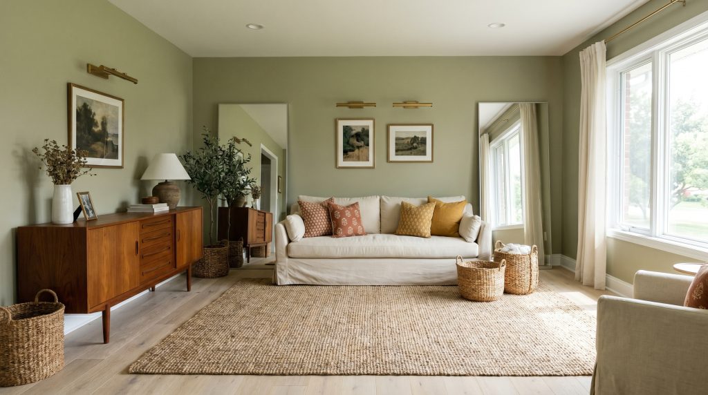 A slipcovered sofa and a mid-century teak sideboard anchor a transitional living room styled with a heavily textured jute rug and terracotta block-print pillows.
