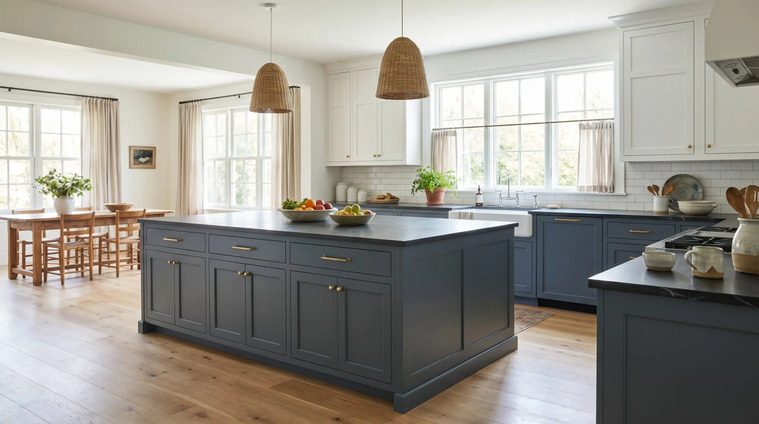 A large central island and lower cabinetry painted in Benjamin Moore Van Deusen Blue (Hex #485B6E) contrast with dark soapstone countertops, white subway tile, and white oak floors.