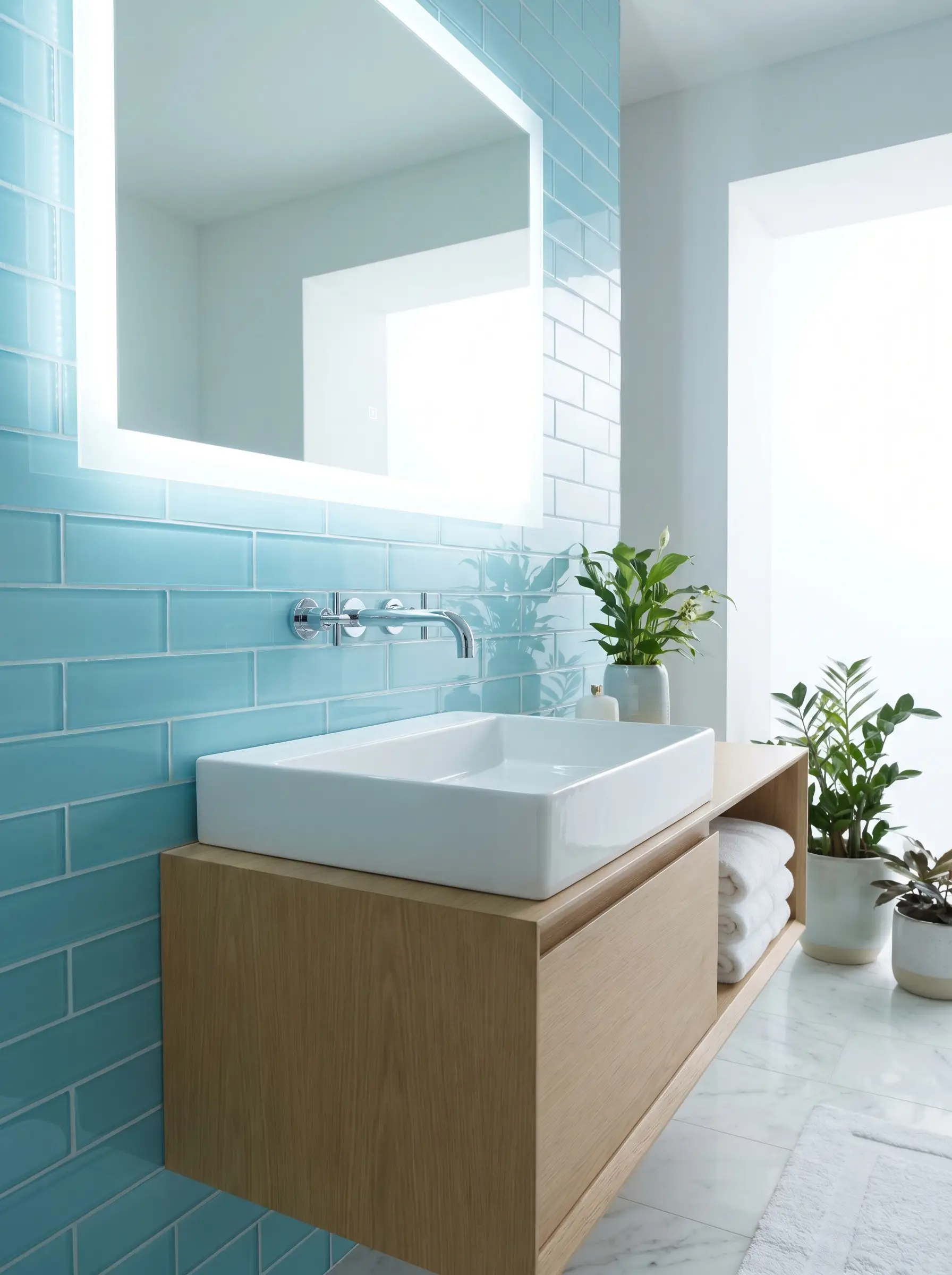 Translucent blue tempered glass tiles set over a pure white mortar bed frame a polished chrome wall-mounted faucet, minimalist sink, and LED-backlit mirror.