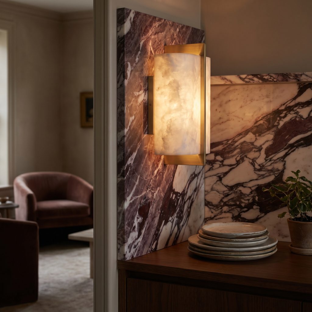 A delicate wall sconce featuring a translucent glowing alabaster shade and unlacquered brass chassis mounts directly through a heavy opaque cabernet and violet veined slab.