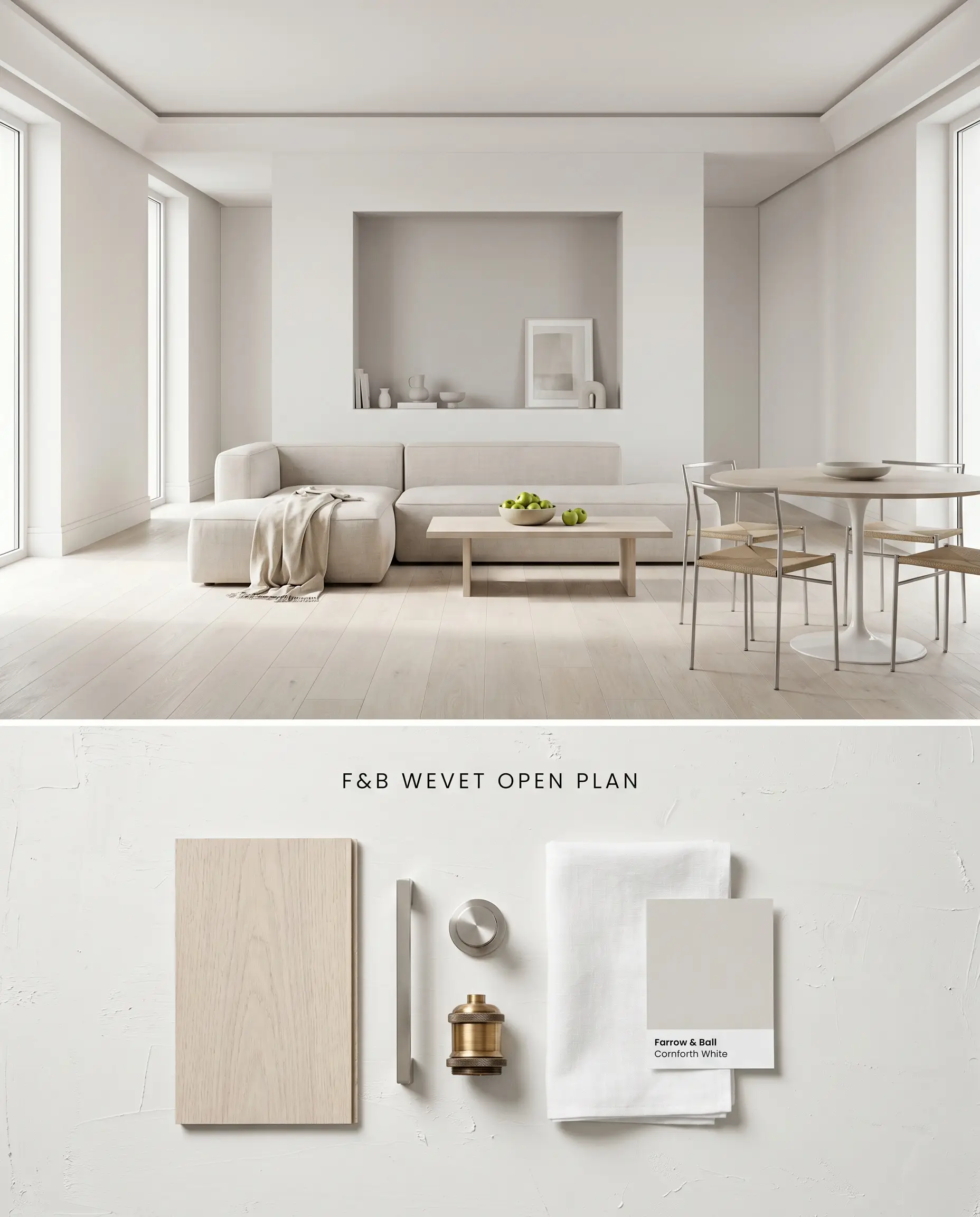 An 80/20 split digital visualization for a contemporary open-plan space showcasing Farrow & Ball Wevet color-drenched walls above a flat-lay of pale bleached oak and unlacquered brass.