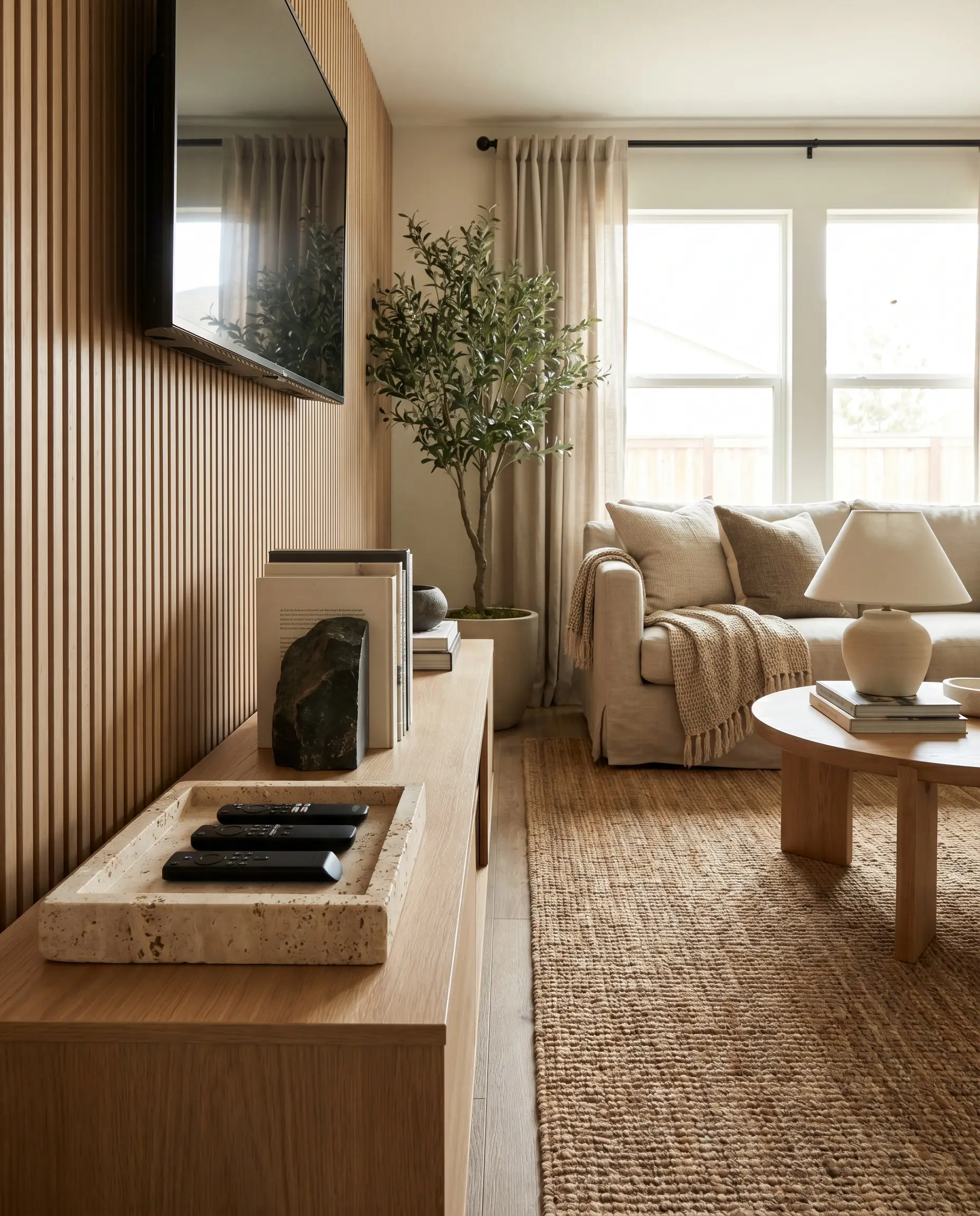 A heavily veined unfilled travertine catch-all tray and solid raw soapstone bookends rest on a low-profile media console against a warm white oak slat wall.