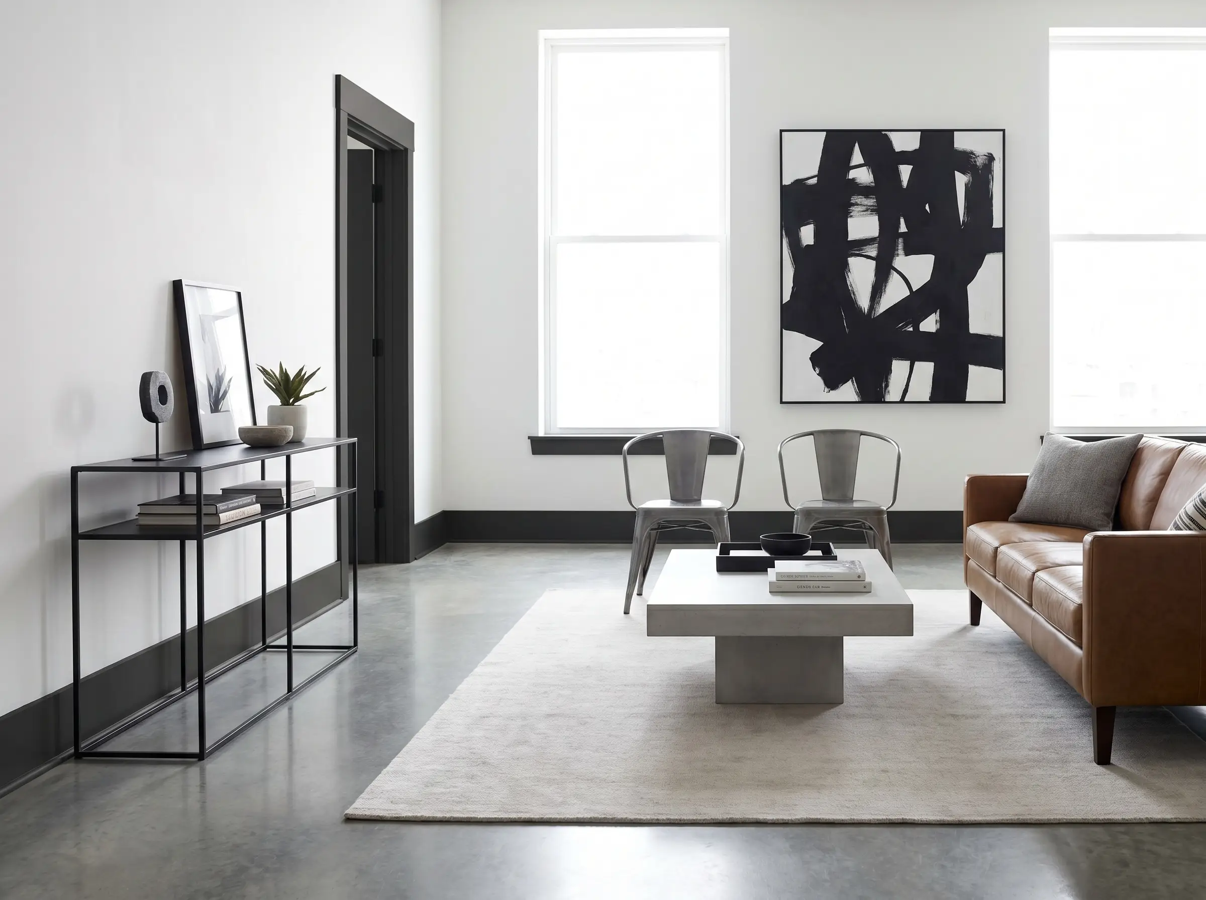 Tricorn Black pine baseboards and door casings provide high-contrast architectural framing against pure white Level 5 drywall and polished concrete floors.