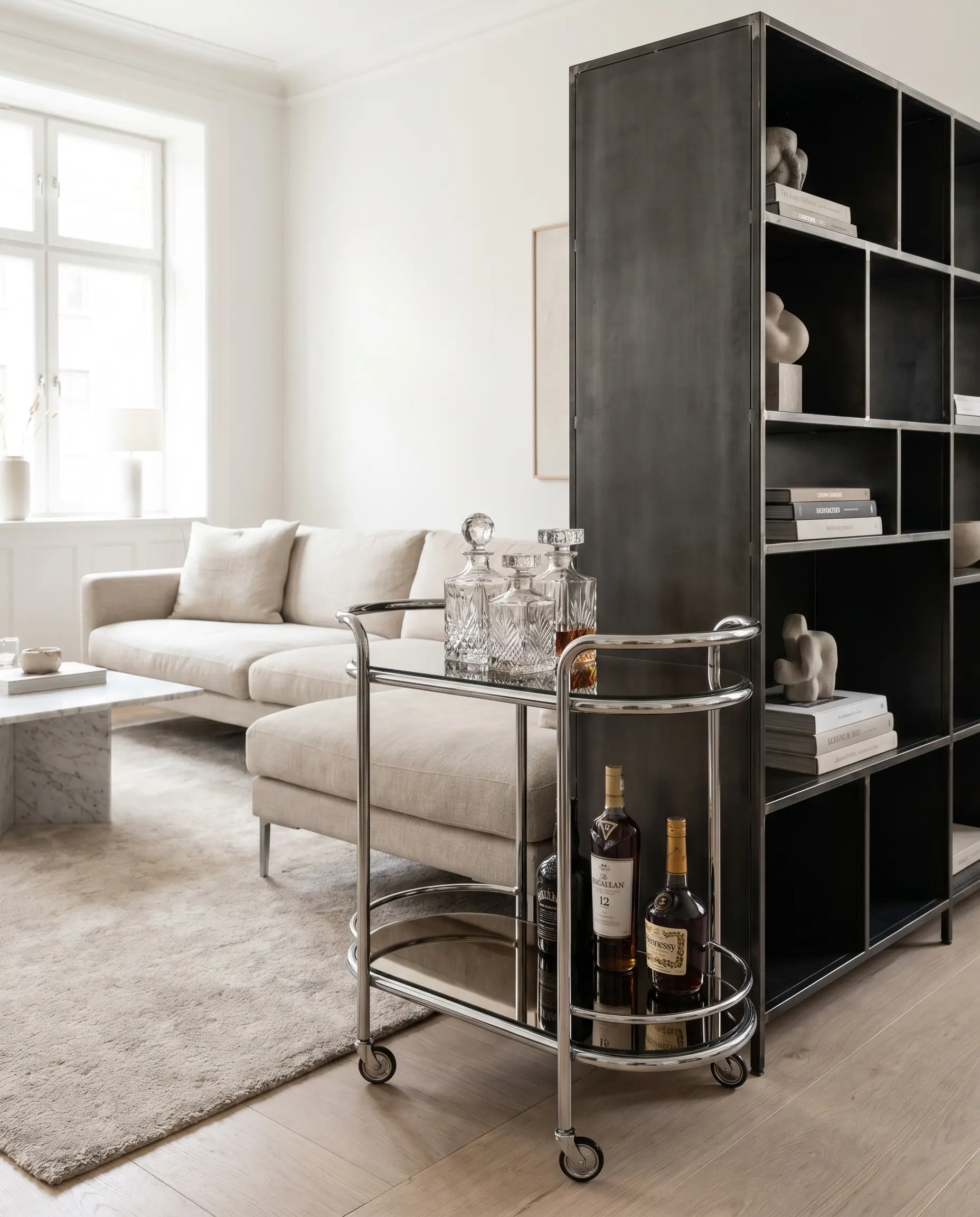 A tubular polished chrome bar cart featuring smoked mirrored glass tiers and heavy crystal decanters stands beside a rigid modern bookshelf.