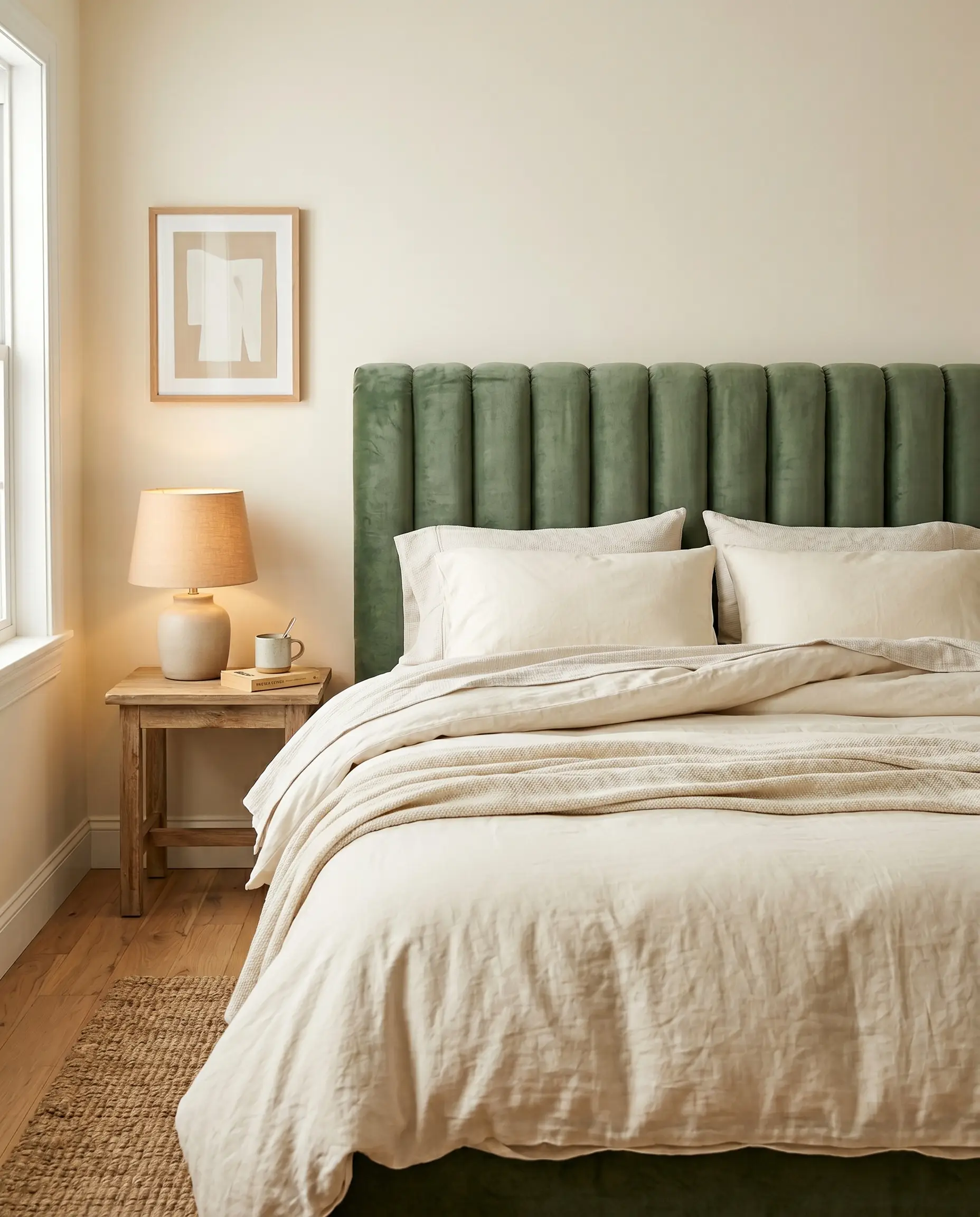 A channeled tufted sage green performance cotton velvet headboard sits against a crisp cream painted wall behind lived-in cream linens.