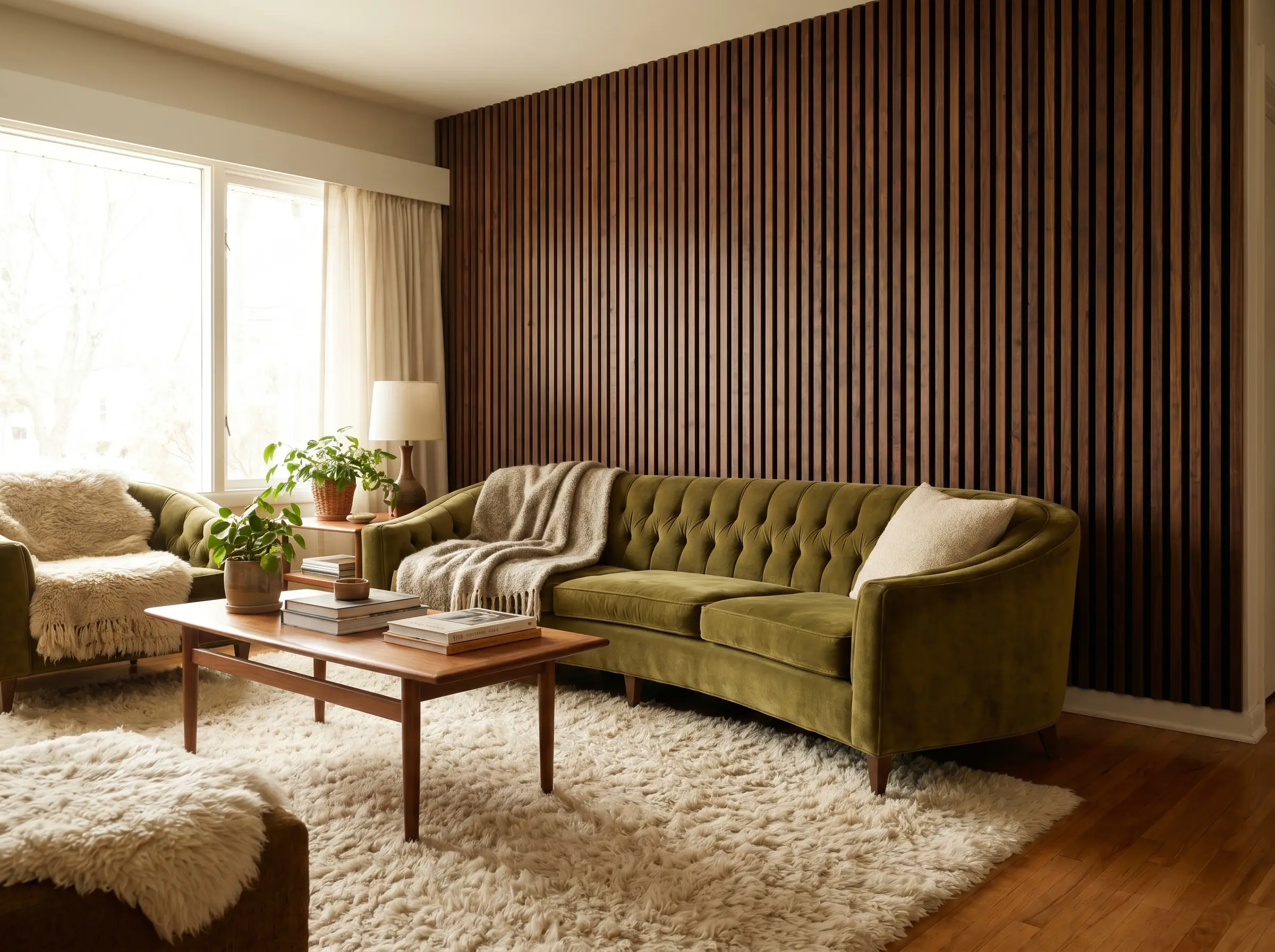 A mid-century tufted velvet sofa rests against walnut wood slats with black felt backing, creating a wood slat accent wall behind sofa.