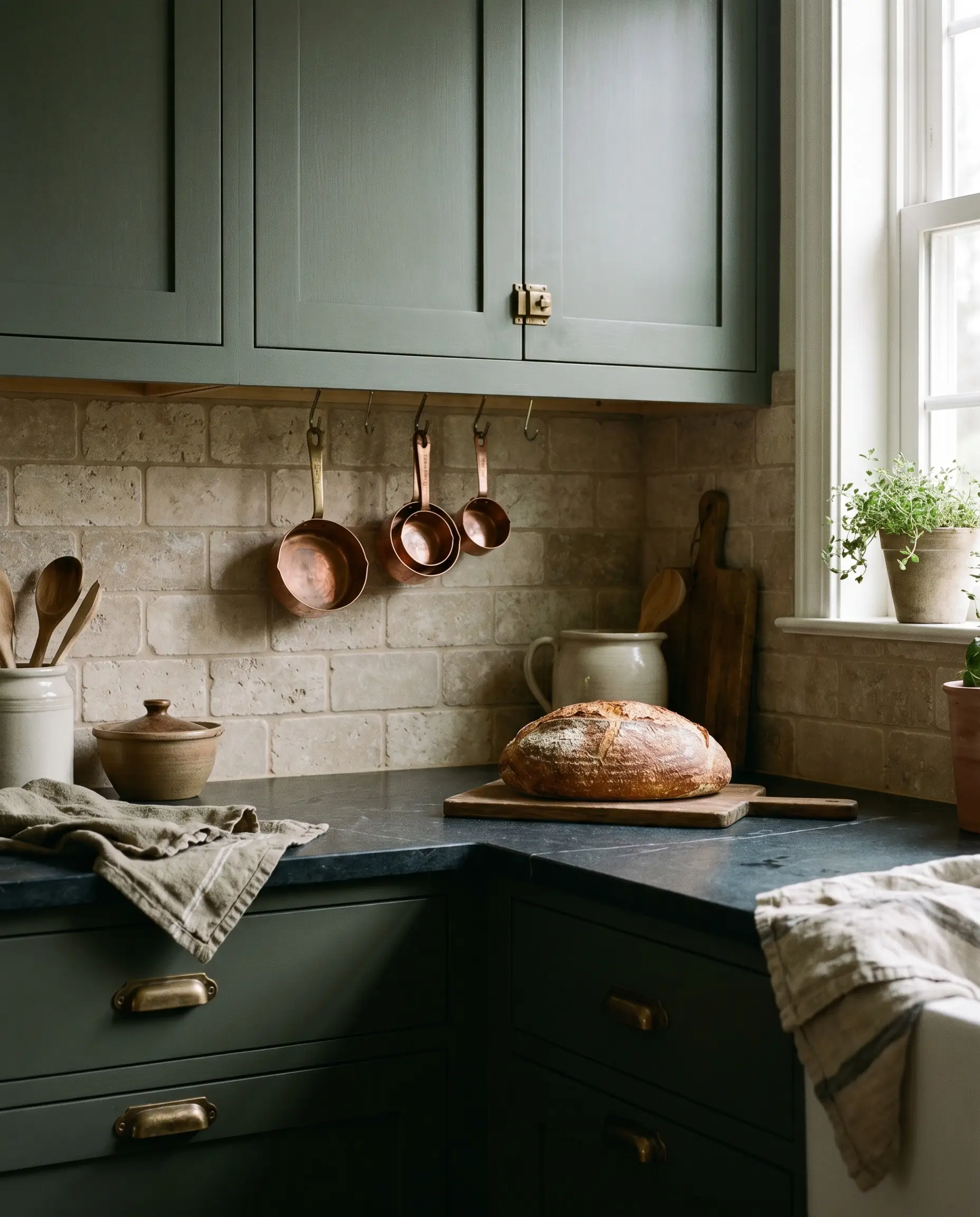 Warm tumbled travertine subway tiles with sand-colored grout bridge the transition between Farrow and Ball Green Smoke cabinetry and dark stone, styled with copper measuring cups.
