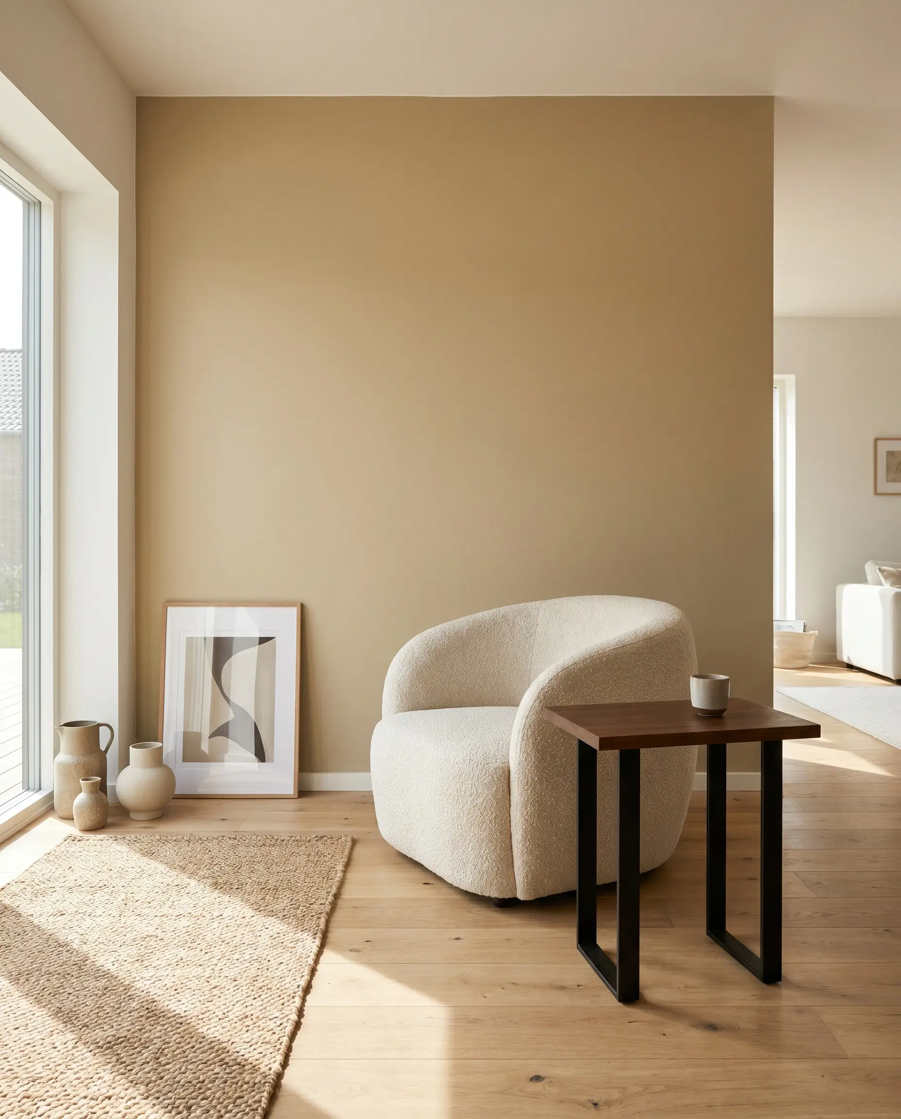 A textured cream bouclé accent chair and a sleek side table with matte black hardware stand on raw oak flooring against golden greige beige wall paint.