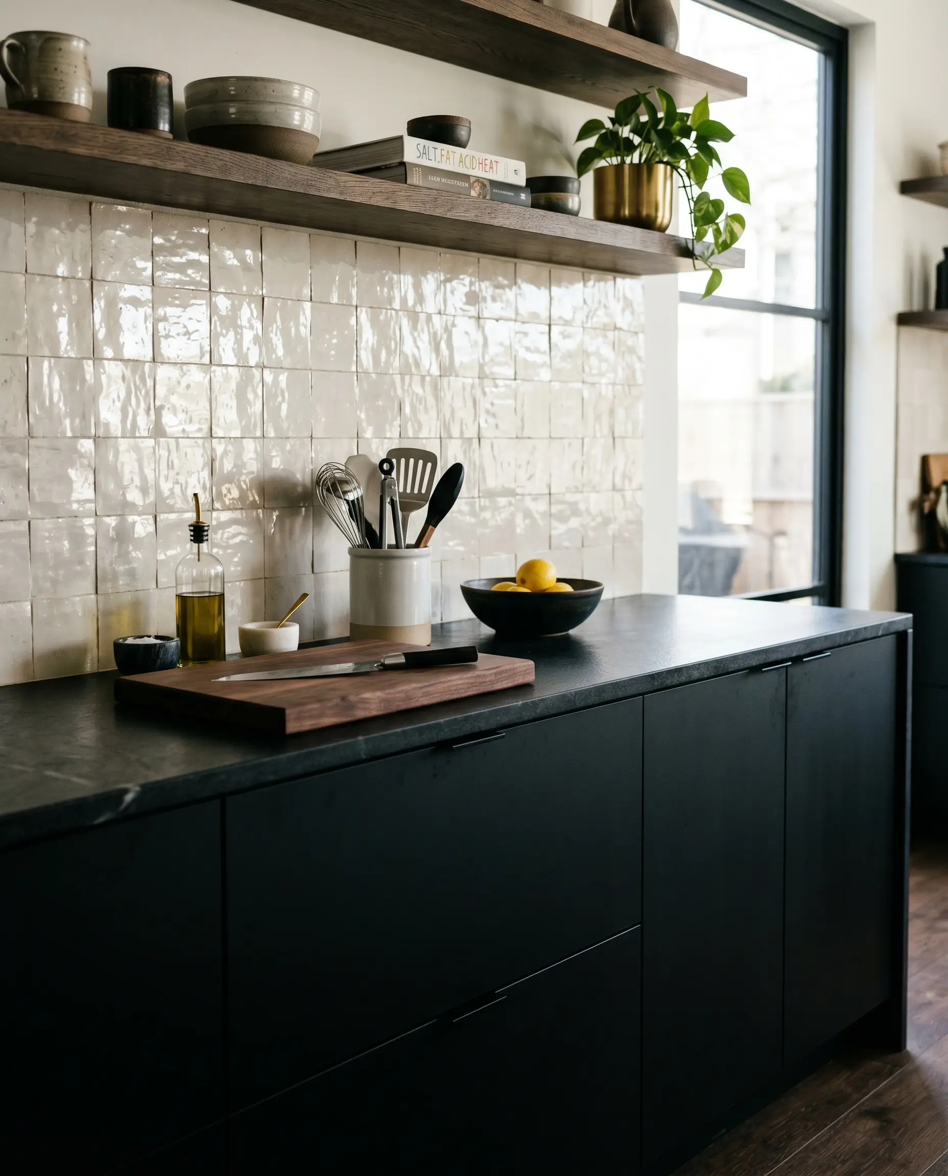 Ultra-matte black flat-panel lower cabinets violently contrast with a luminous, high-gloss cream zellige backsplash kitchen ideas application featuring heavy glaze pooling.
