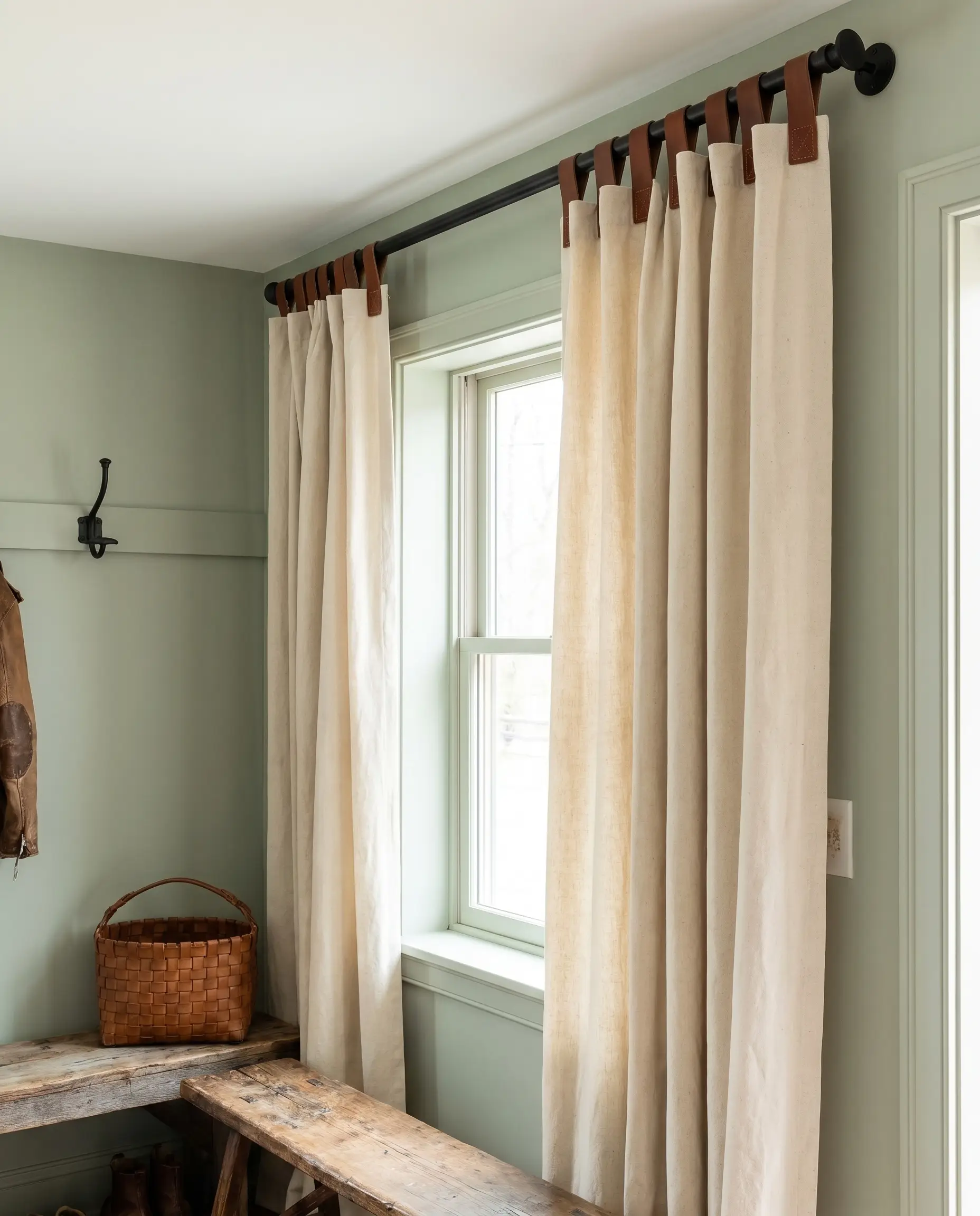 Heavyweight unbleached canvas curtains with saddle leather hanging tabs suspend from a matte black iron rod above a rustic wood bench and woven leather basket.