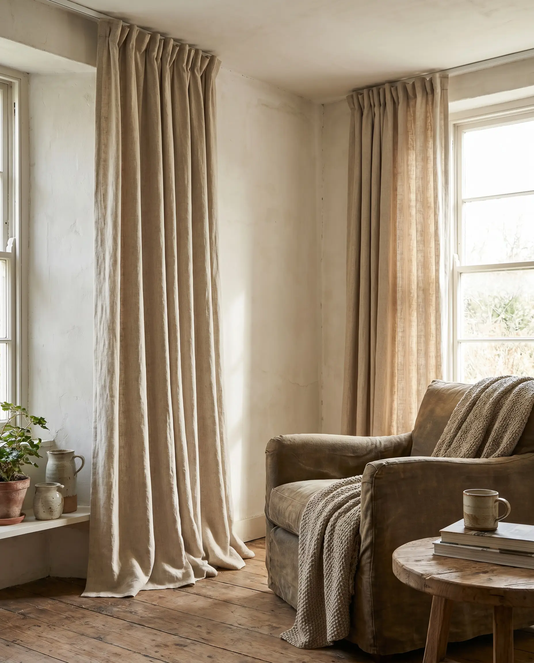 Heavyweight unbleached linen drapes cascade from a flush ceiling track, softening the architecture beside a heavily textured organic limewash wall and cozy armchair.