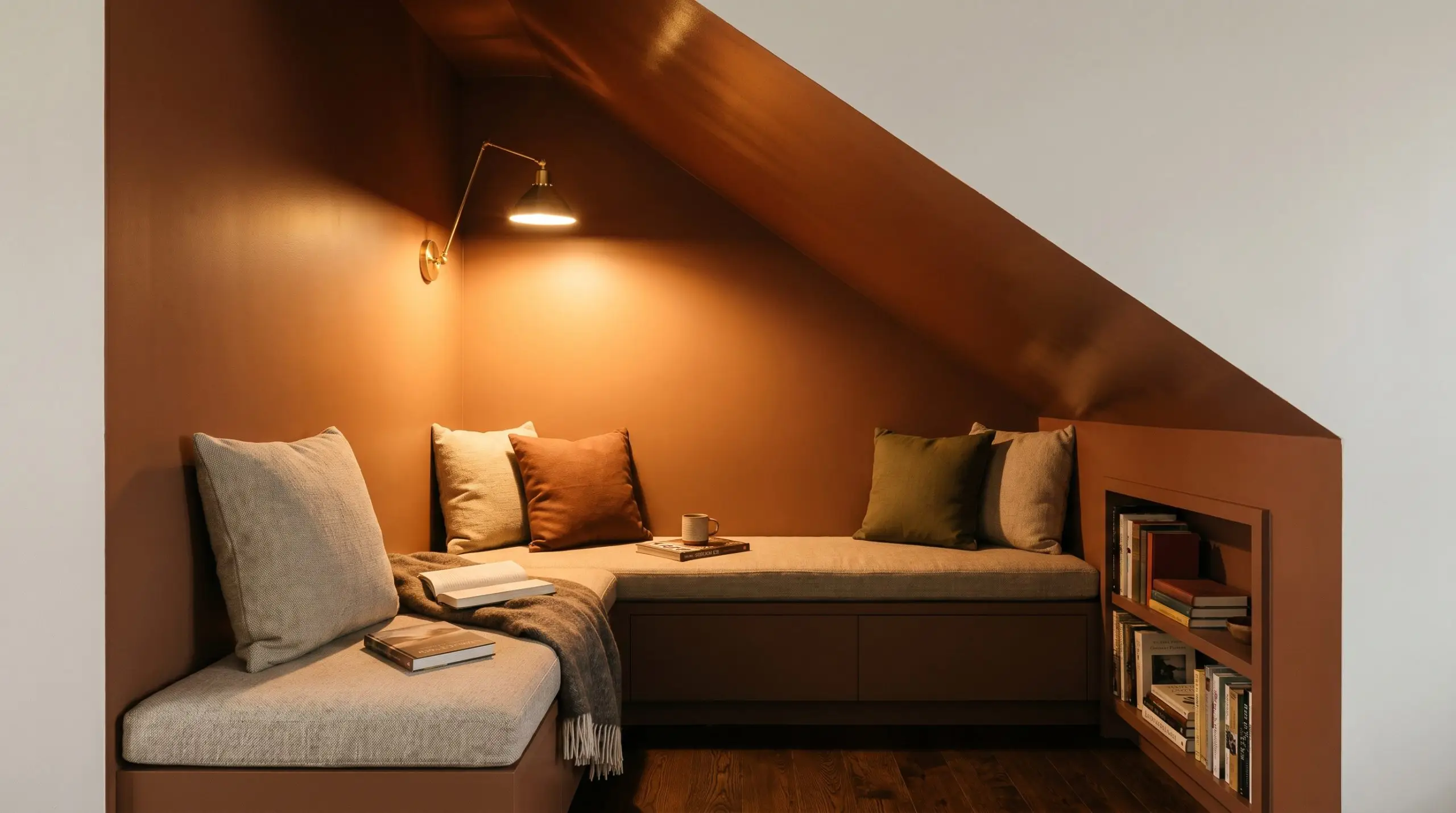 A warm brass wall sconce bounces a cocooning glow off a high-gloss earthy orange angled ceiling onto a built-in bench with plush canvas cushions.