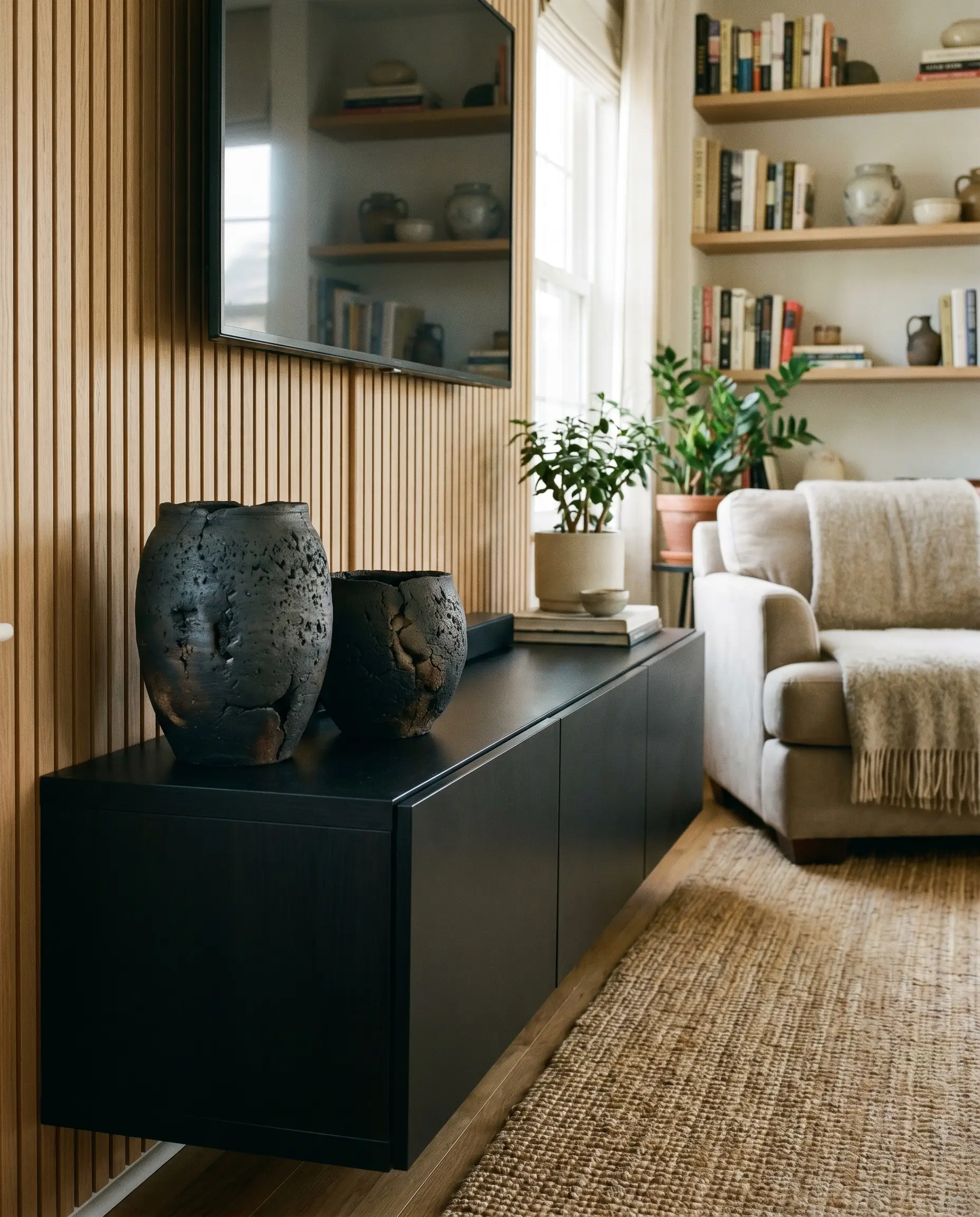 Two handmade unglazed raku fired clay vessels sit asymmetrically on a matte black floating media console against a light oak slat wall.