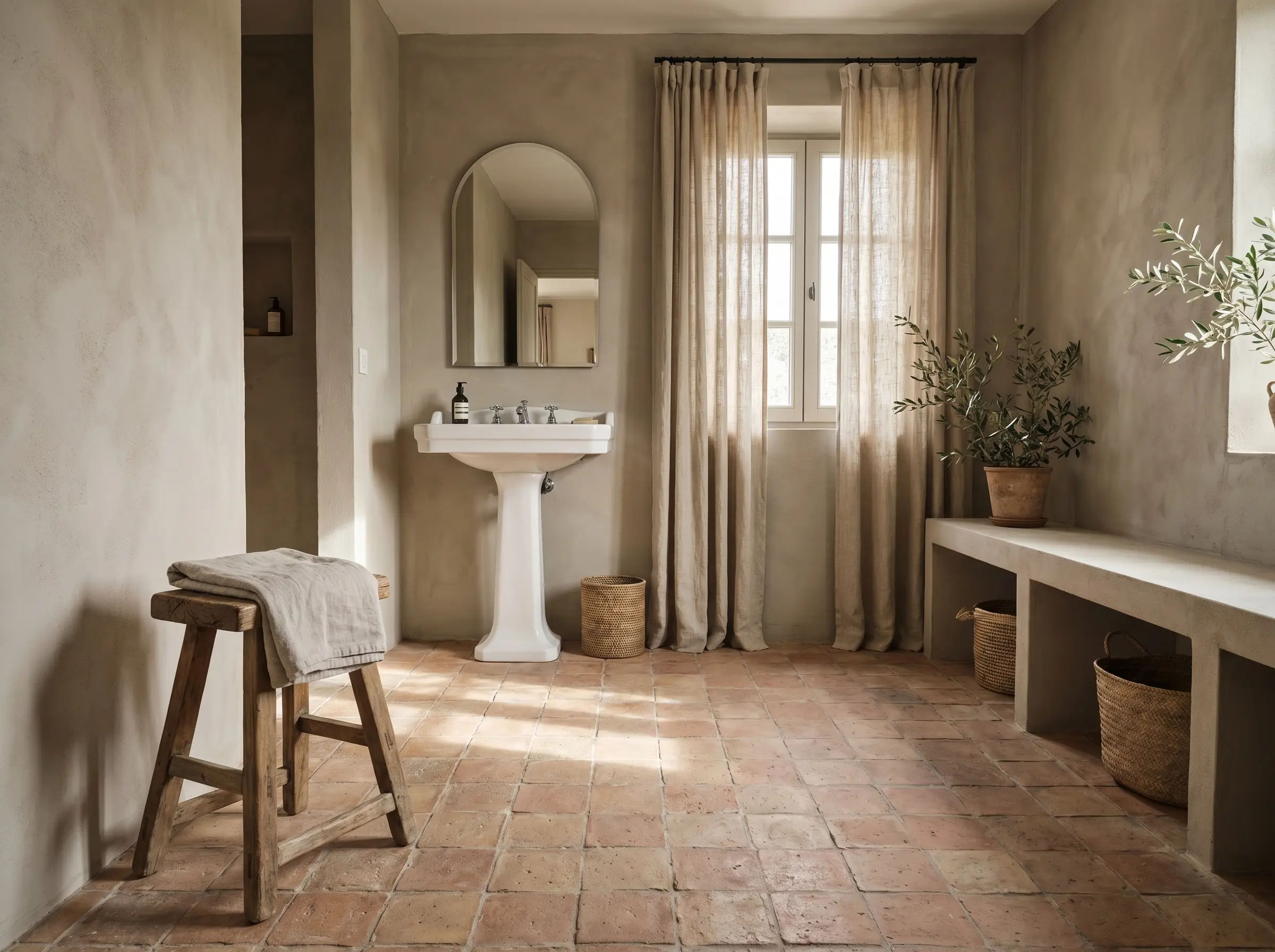 Raw unglazed hand-pressed terracotta floor tiles anchor a classic white pedestal sink, a wooden stool, and textured linen curtains against warm greige walls.