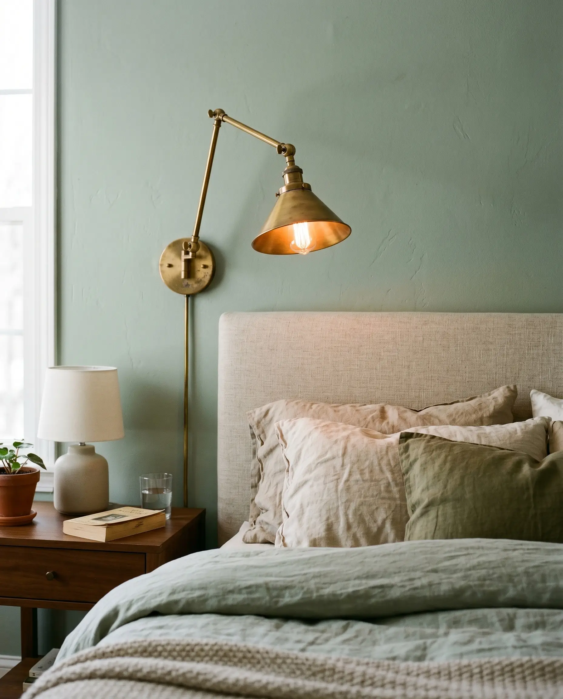An unlacquered antique brass articulating wall sconce casts a warm glow over an upholstered headboard and lived-in linen pillows against a desaturated green surface.