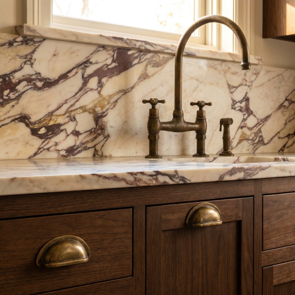 Solid unlacquered brass kitchen hardware and a traditional bridge faucet with an earthy patina sit against a honed burgundy vein marble slab.