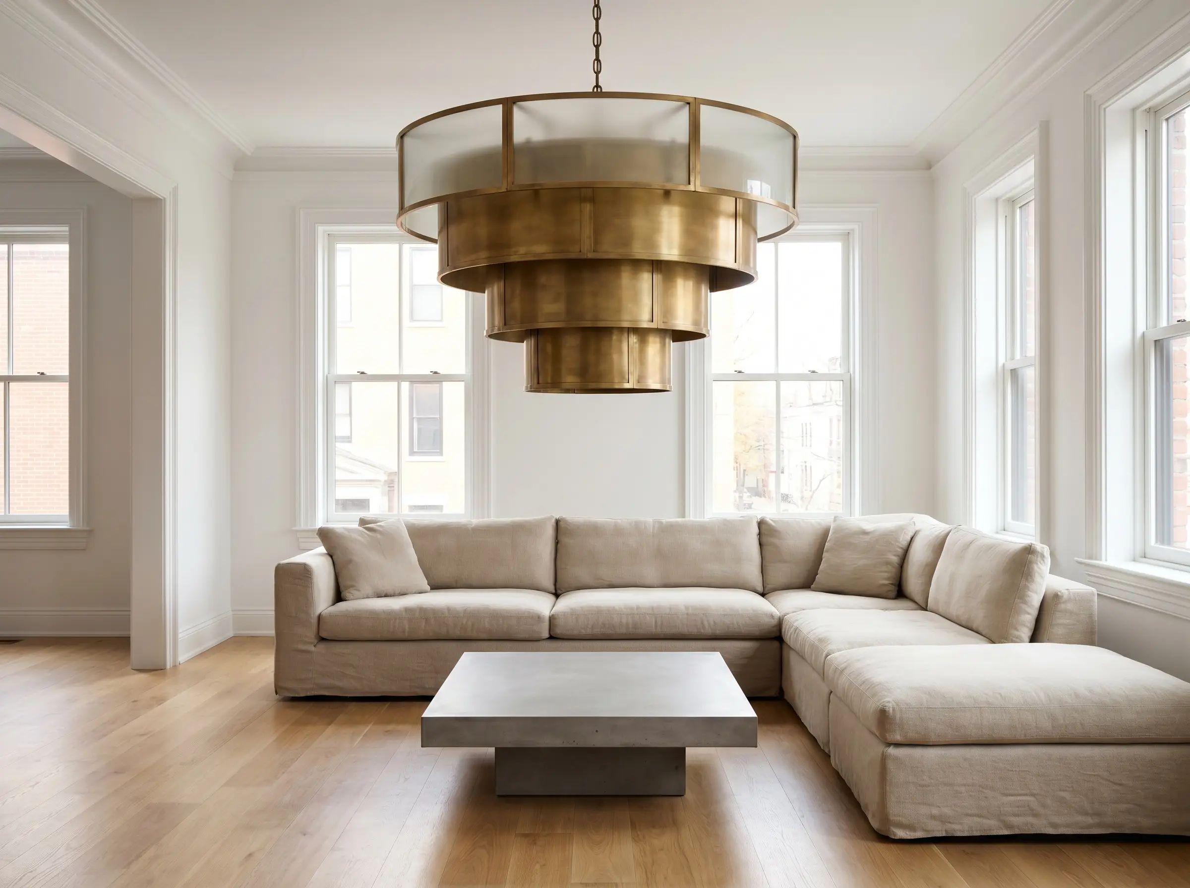 A tiered unlacquered brass chandelier hangs above a low-profile modern sectional, bringing art deco touches to a modern living room.