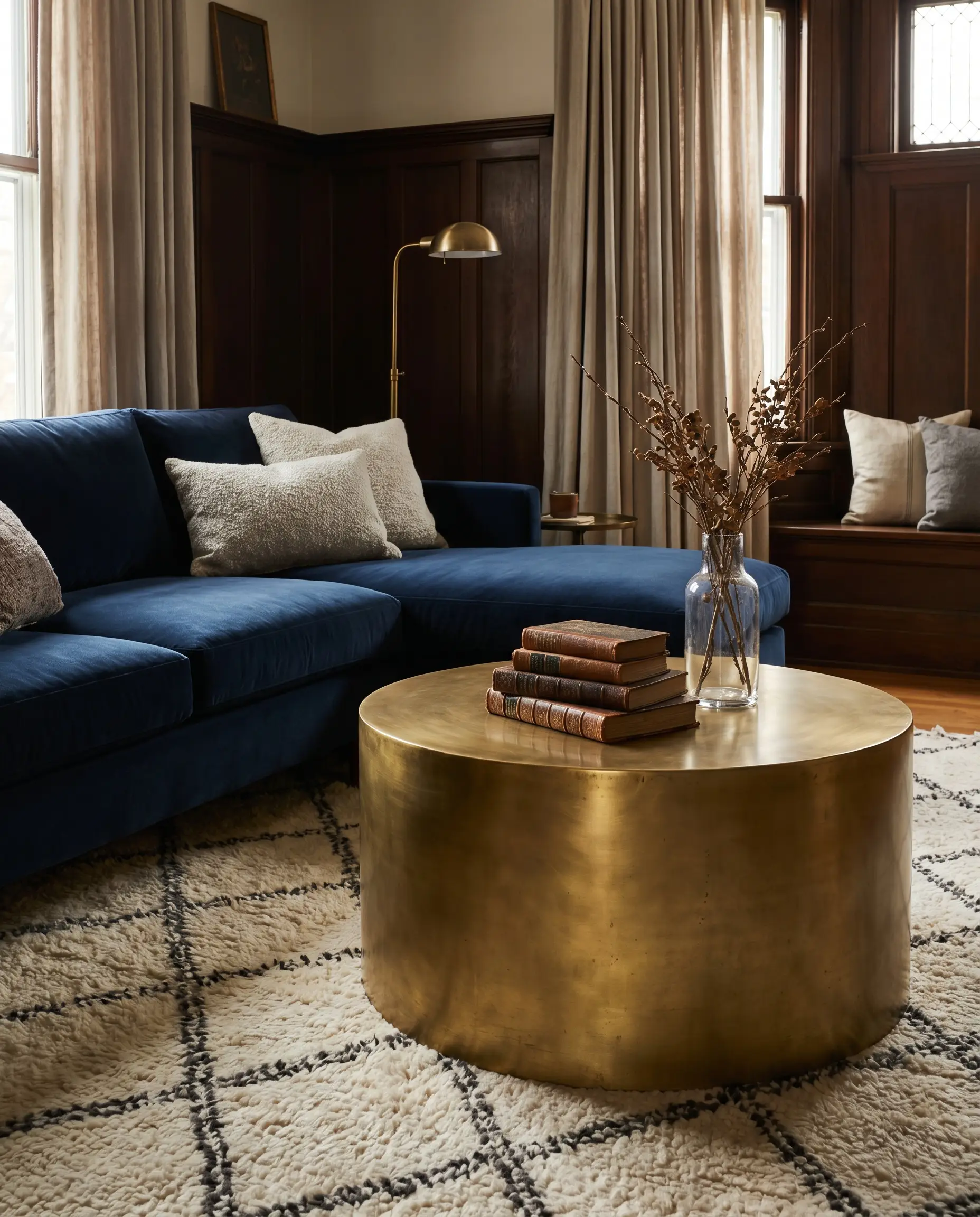 A heavy unlacquered brass drum coffee table brings high light reflectance value against a navy blue velvet sectional and thick wool Moroccan trellis rug.
