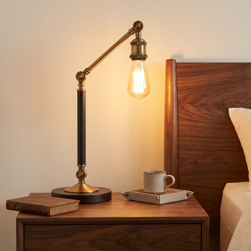 An unlacquered brass and oil-rubbed bronze bedside fixture illuminates the sweeping natural grain of a flat-cut walnut nightstand.