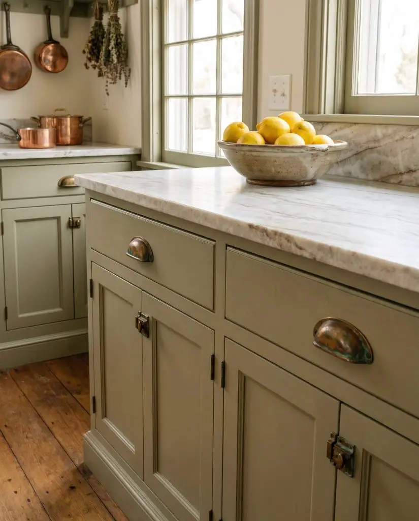 Patinated unlacquered brass cup pulls and cabinet latches adorn traditional shaker cabinetry painted in an earthy sage green above a honed marble countertop.