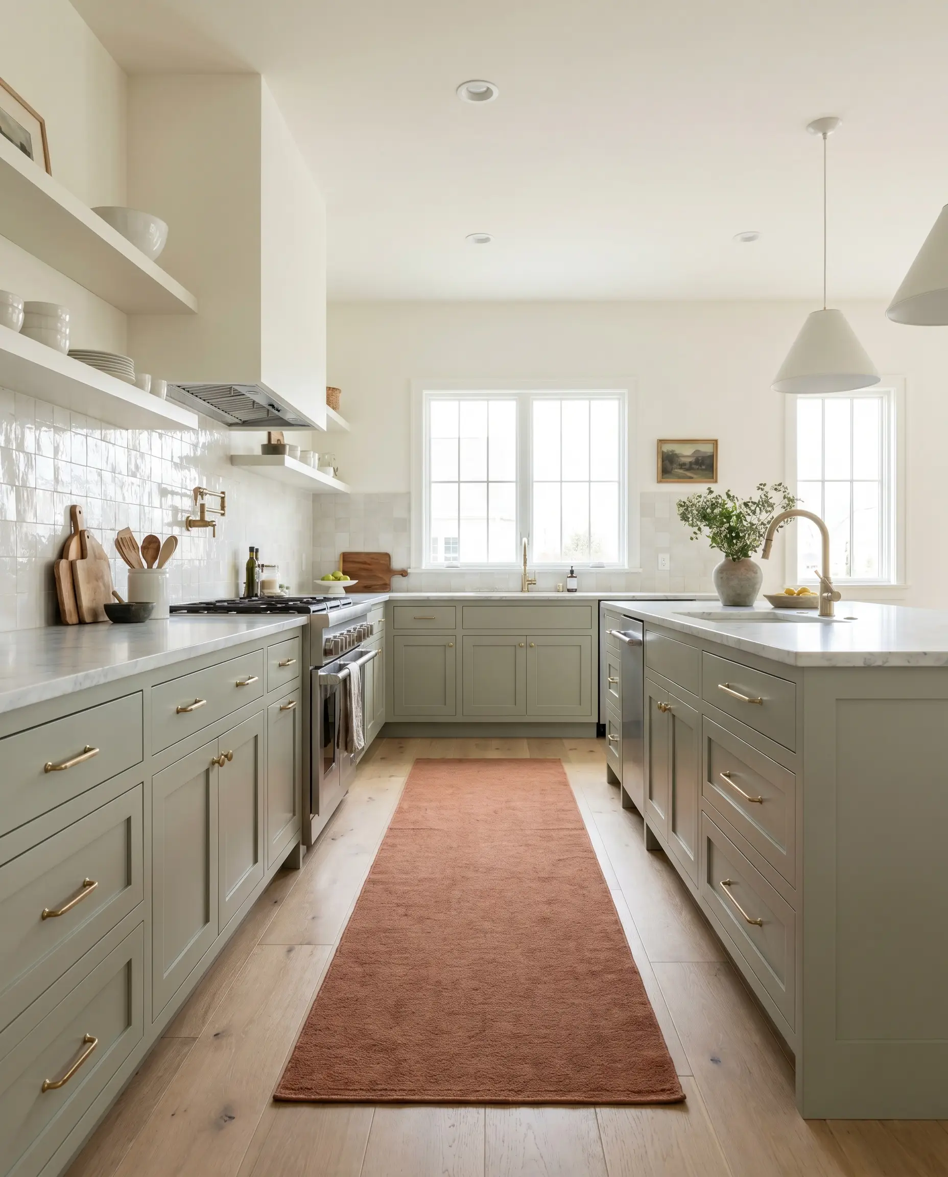 Honed Carrara marble tops lower kitchen cabinetry and a central island painted in Saybrook Sage, accented with unlacquered brass pulls and glossy zellige tile.