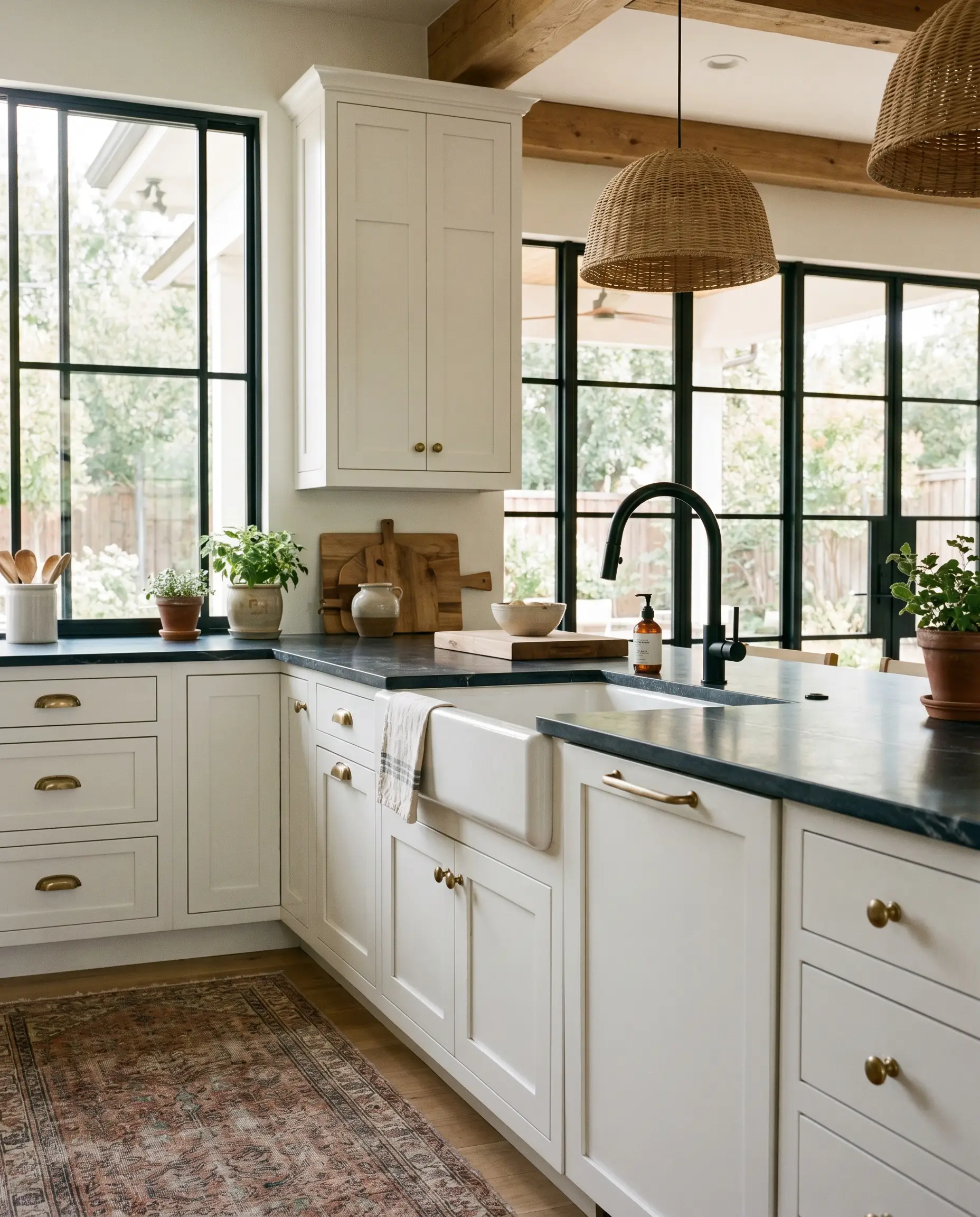 Rich unlacquered brass hardware on white shaker cabinets pairs with a striking matte black kitchen faucet and black steel window frames.