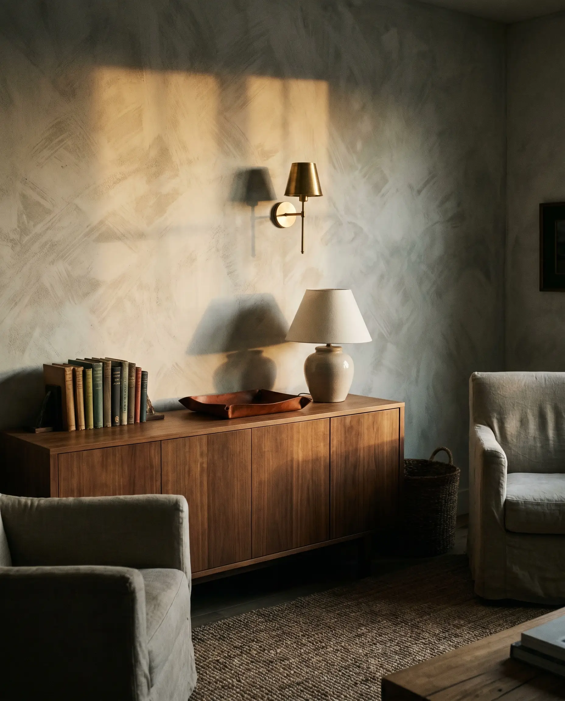 An unlacquered brass wall sconce casts a warm, directional glow across the tactile cross-hatch brushstrokes of a cloudy limewash wall above a console table.