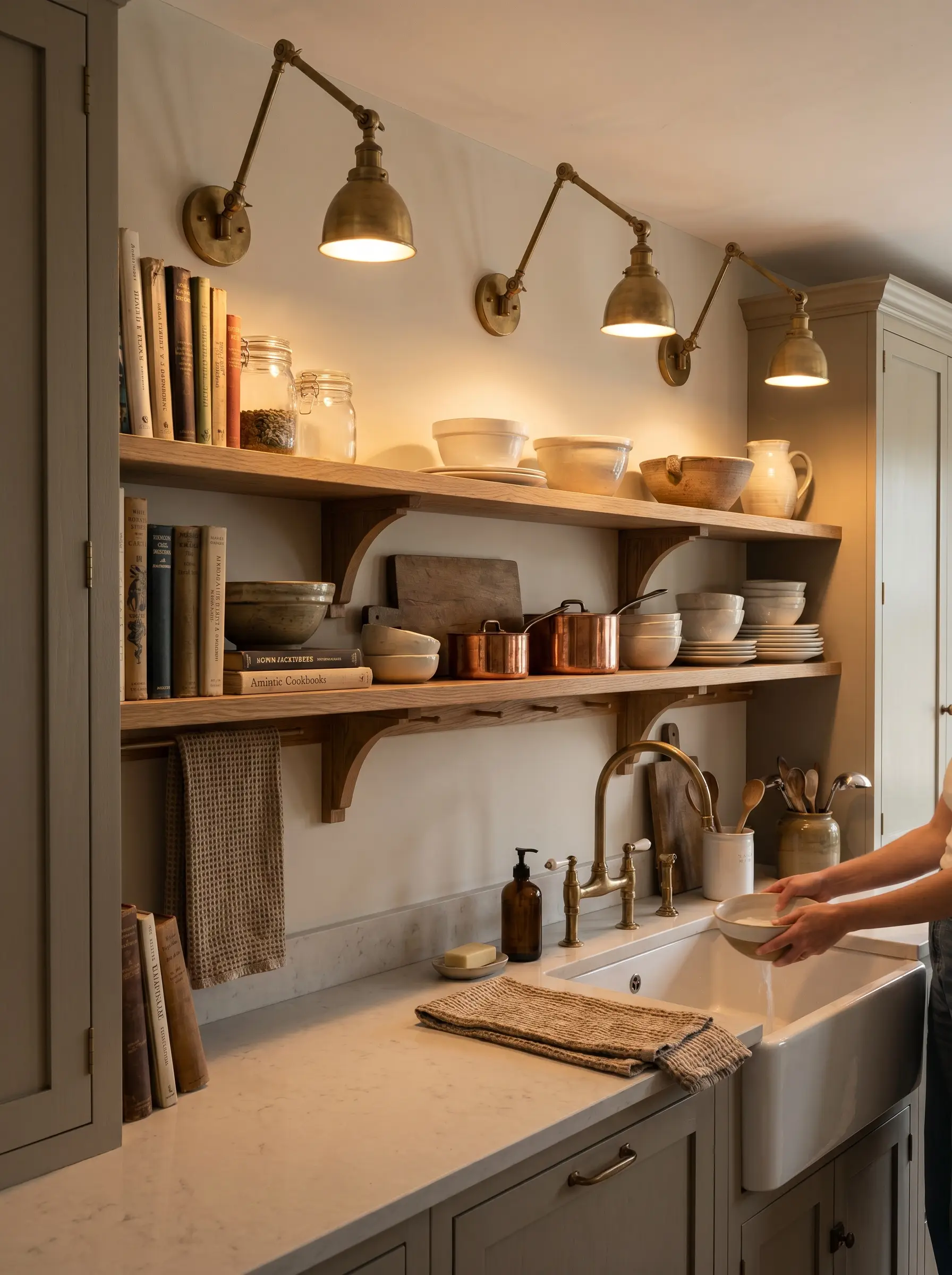 Articulating unlacquered brass sconces cast localized pools of light over open oak shelving, illuminating the surrounding warm greige kitchen cabinetry.