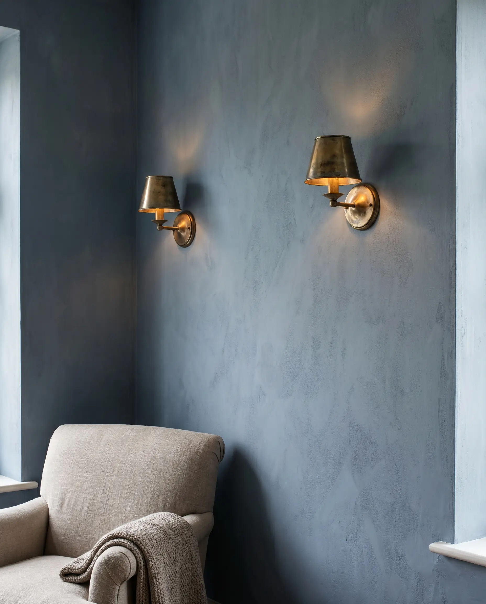 Unlacquered brass wall sconces cast a warm glow across slate blue mineral paint in this refined limewash wall living room featuring a classic armchair.