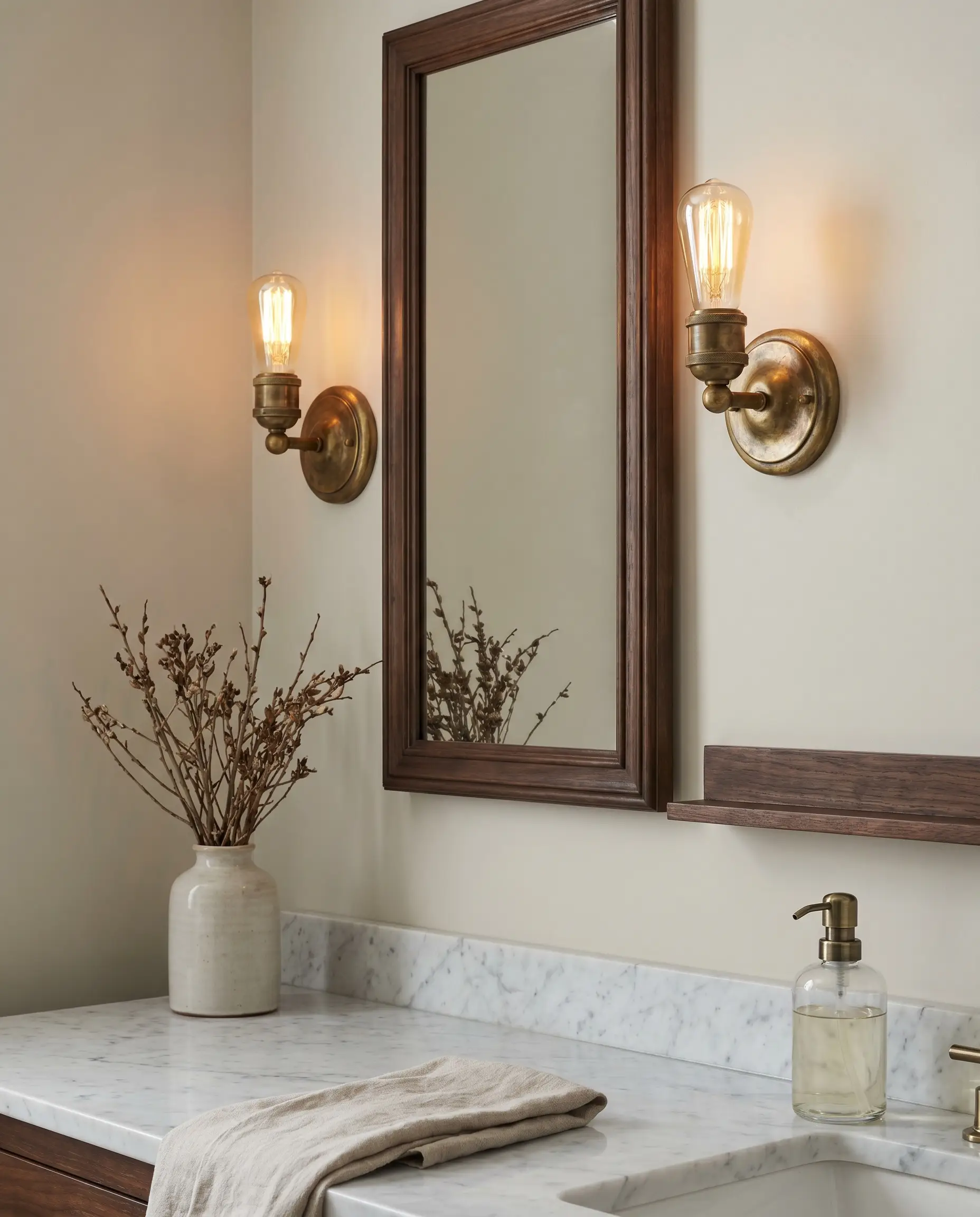 A pair of raw unlacquered brass wall sconces cast a warm glow over a framed mirror and a clean white marble vanity top.