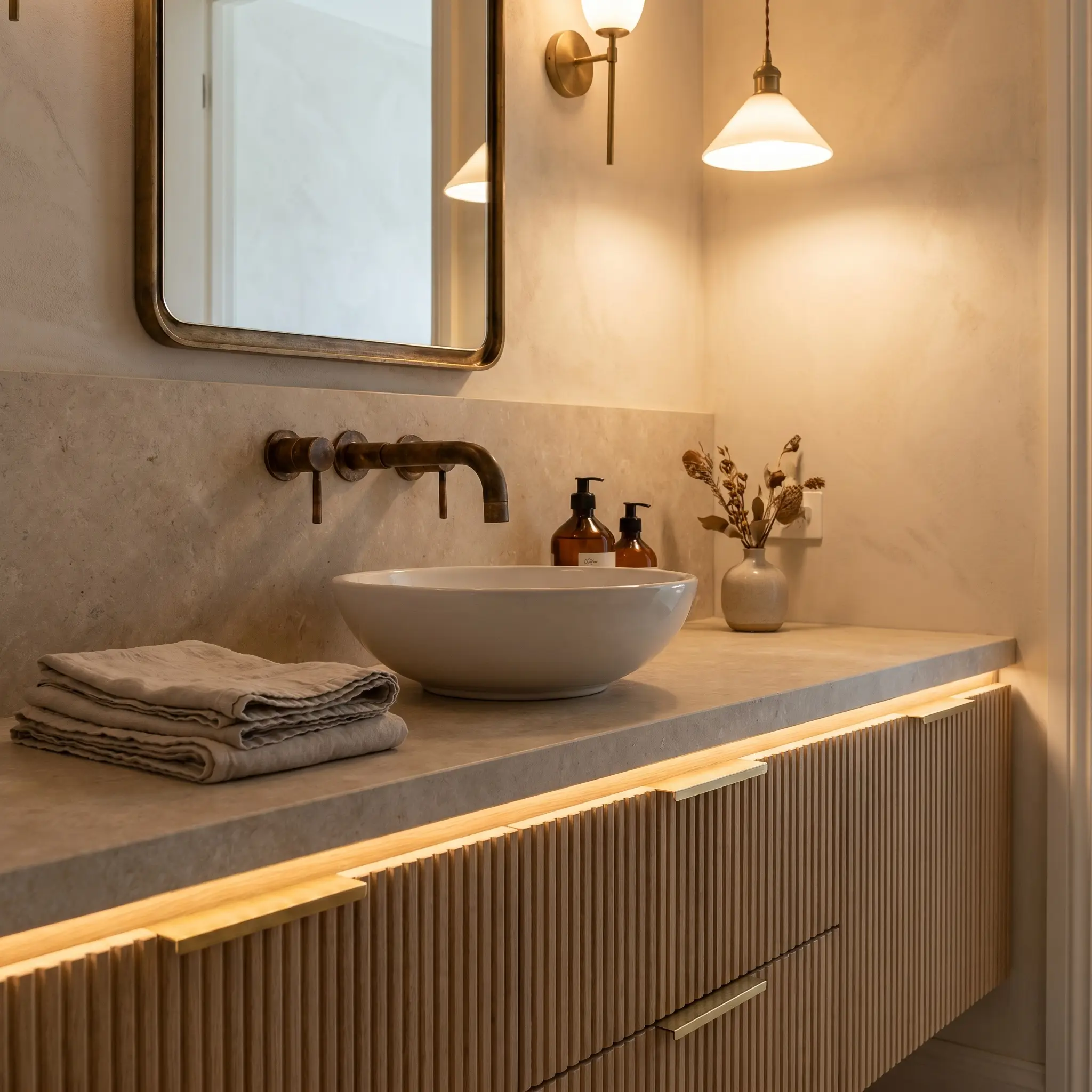 A beautifully aged unlacquered brass wall-mounted faucet with a warm lived-in patina is positioned eight inches above a bathroom countertop and ribbed cabinet.