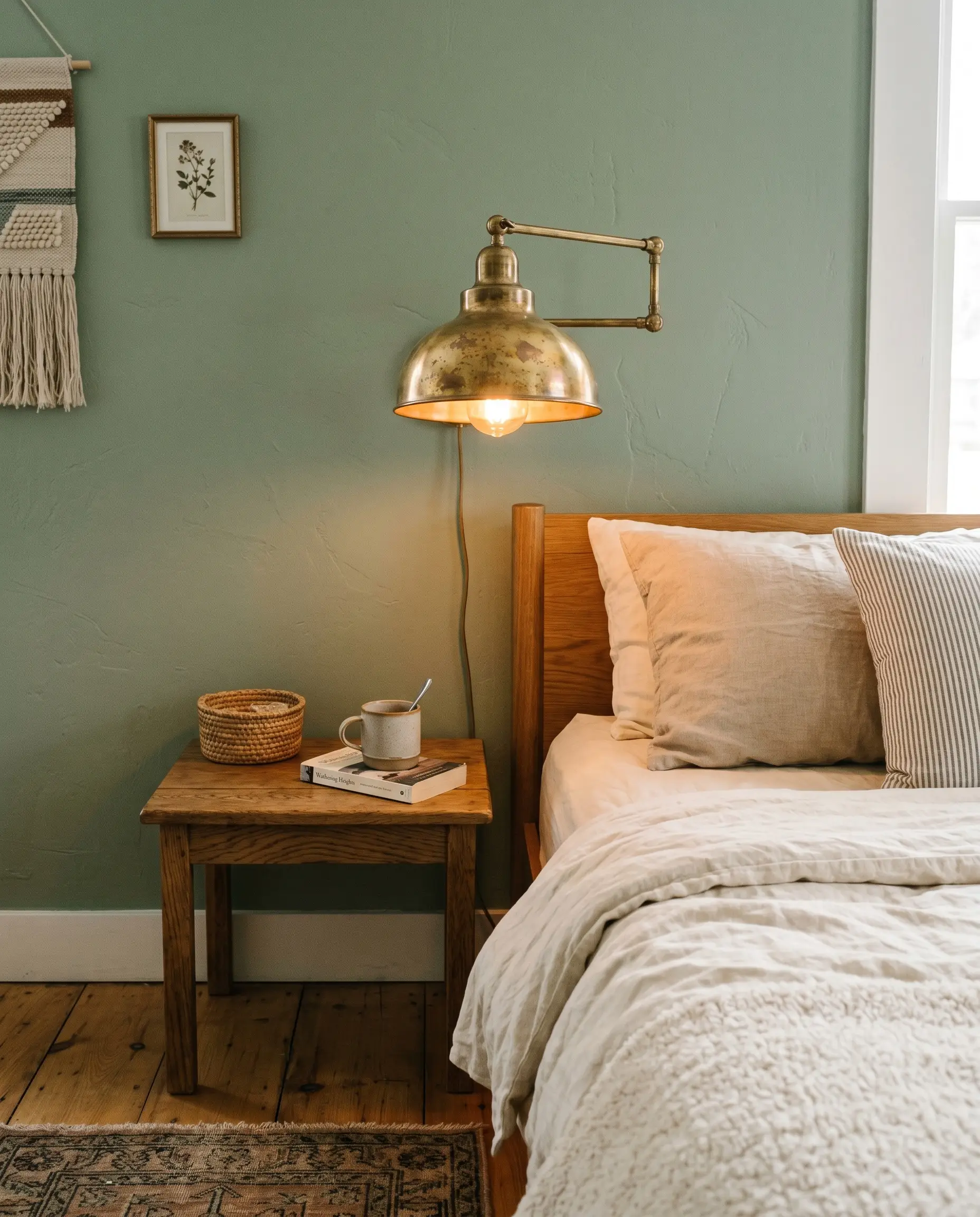 A raw unlacquered brass wall sconce casts a warm glow over a simple oak nightstand and cream linen sheets.