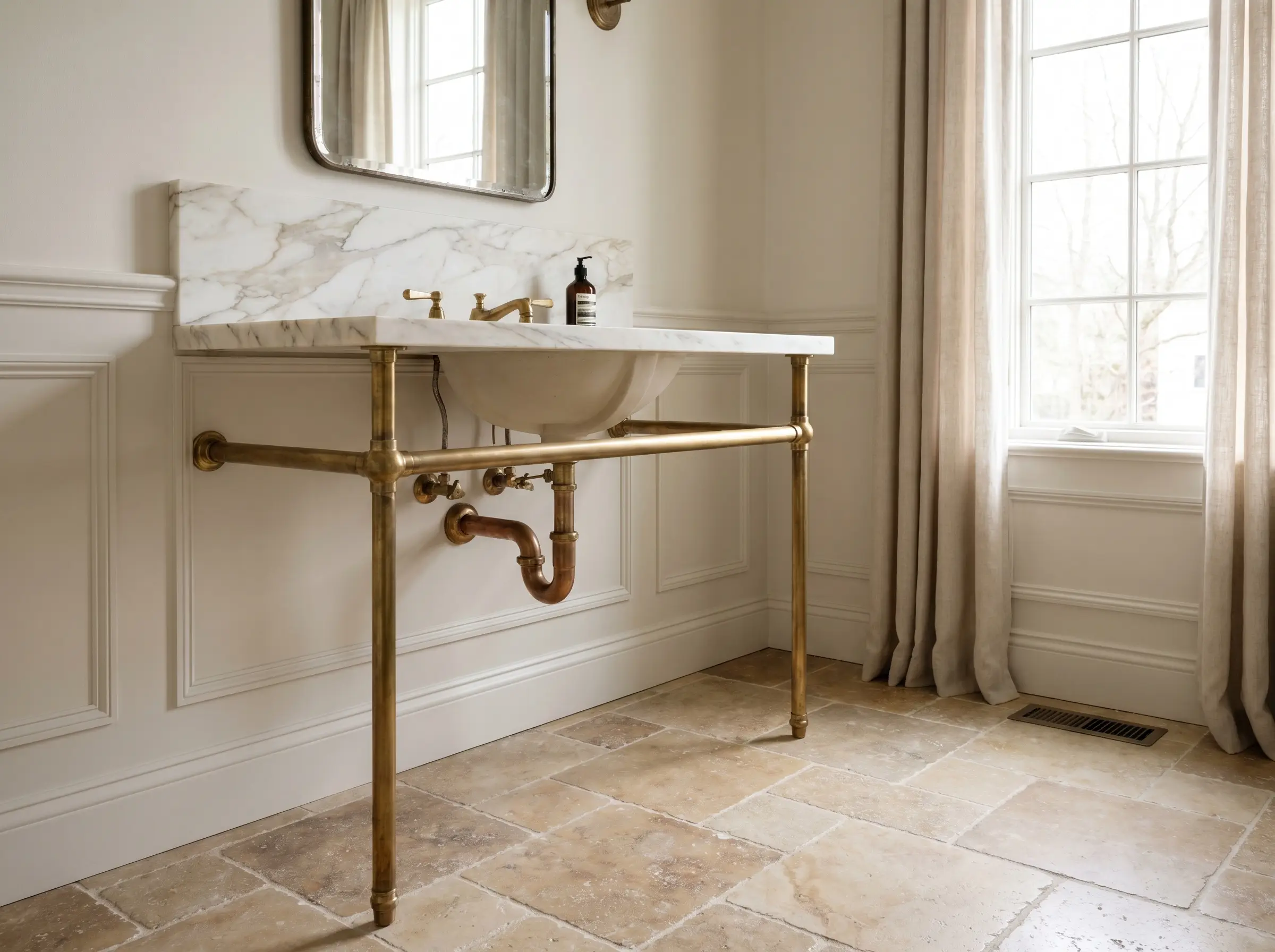 An open unlacquered brass washstand with exposed plumbing supports a honed calacatta gold marble top above tumbled limestone floors in a classic space.
