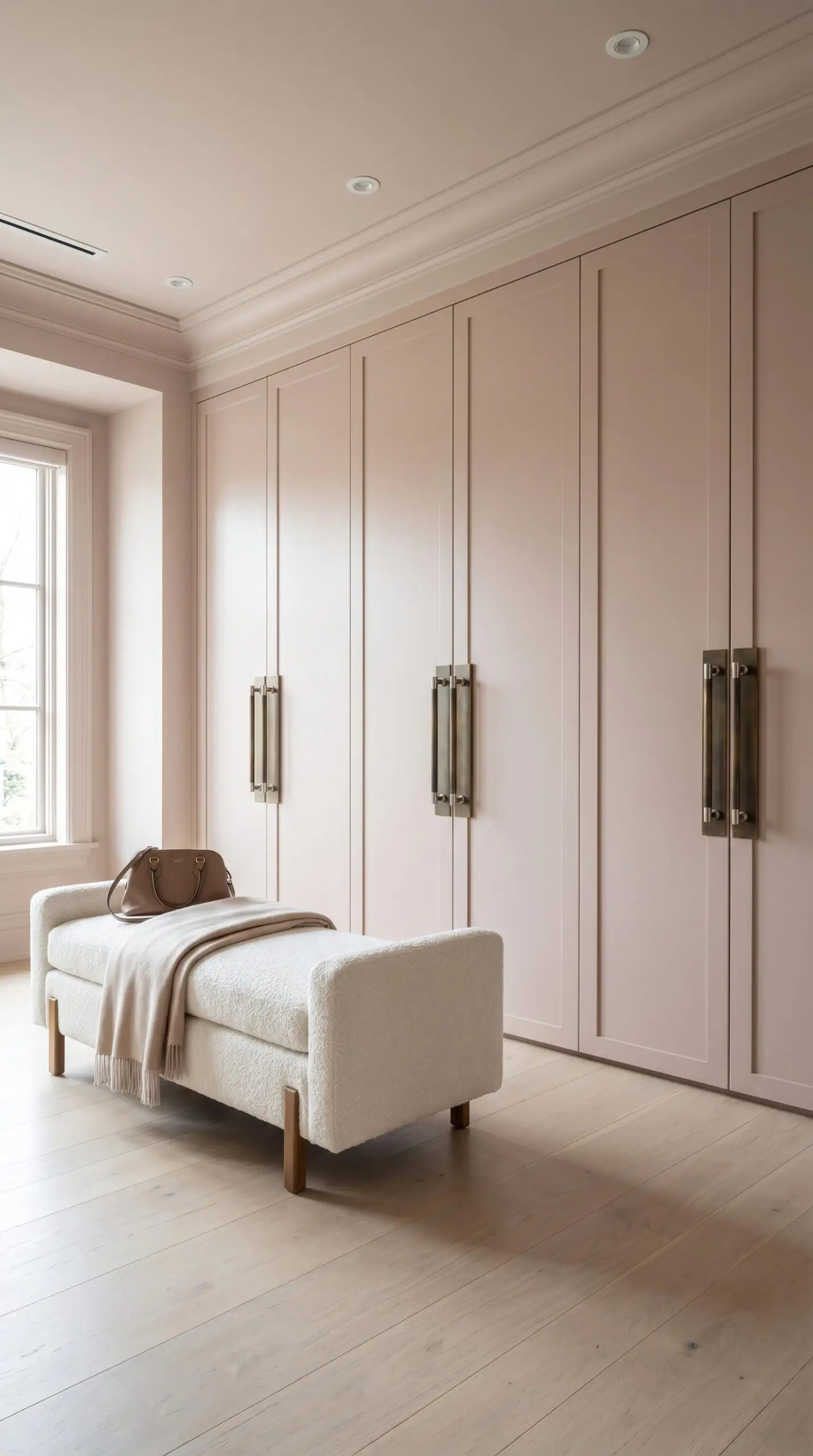 Custom closet doors painted in monochromatic matte blush feature solid unlacquered bronze pulls, complementing a white bouclé bench in a luxury pink girl bedroom design.