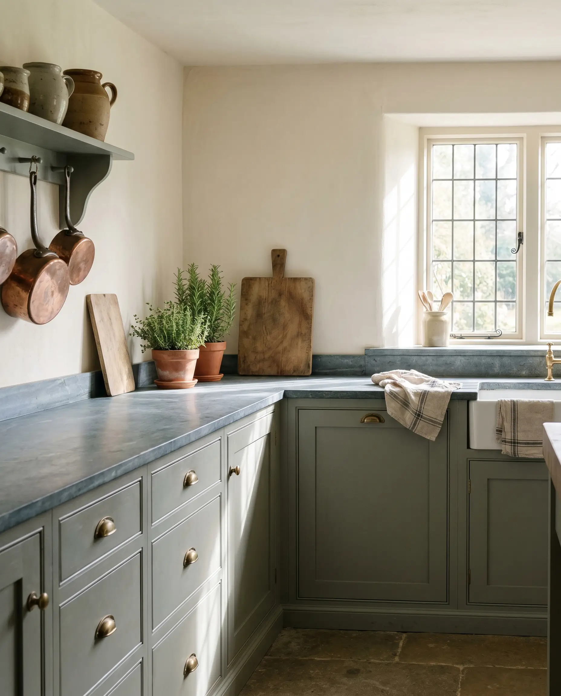 Untreated blue-gray steatite soapstone rests on custom cabinetry painted Farrow and Ball Green Smoke, accompanied by a rustic wooden cutting board and terracotta potted herbs.