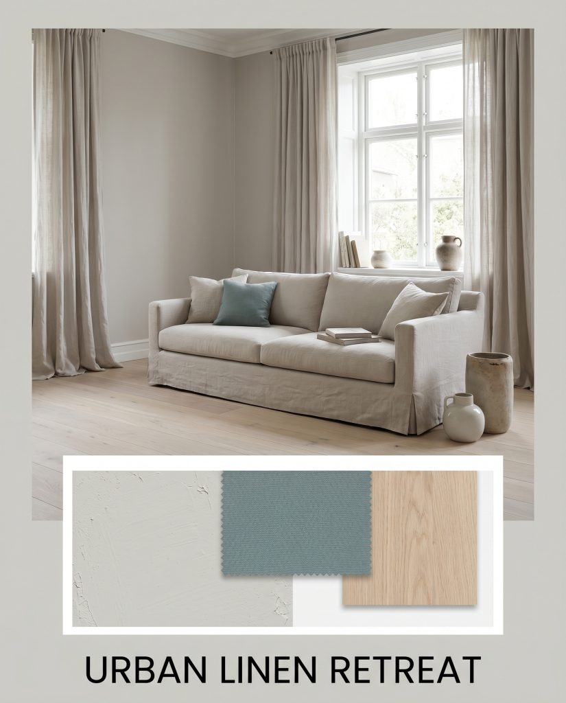 A slipcovered sofa and washed linen drapery sit above a flat-lay featuring a dusty blue-green fabric swatch and pale white oak wood sample.