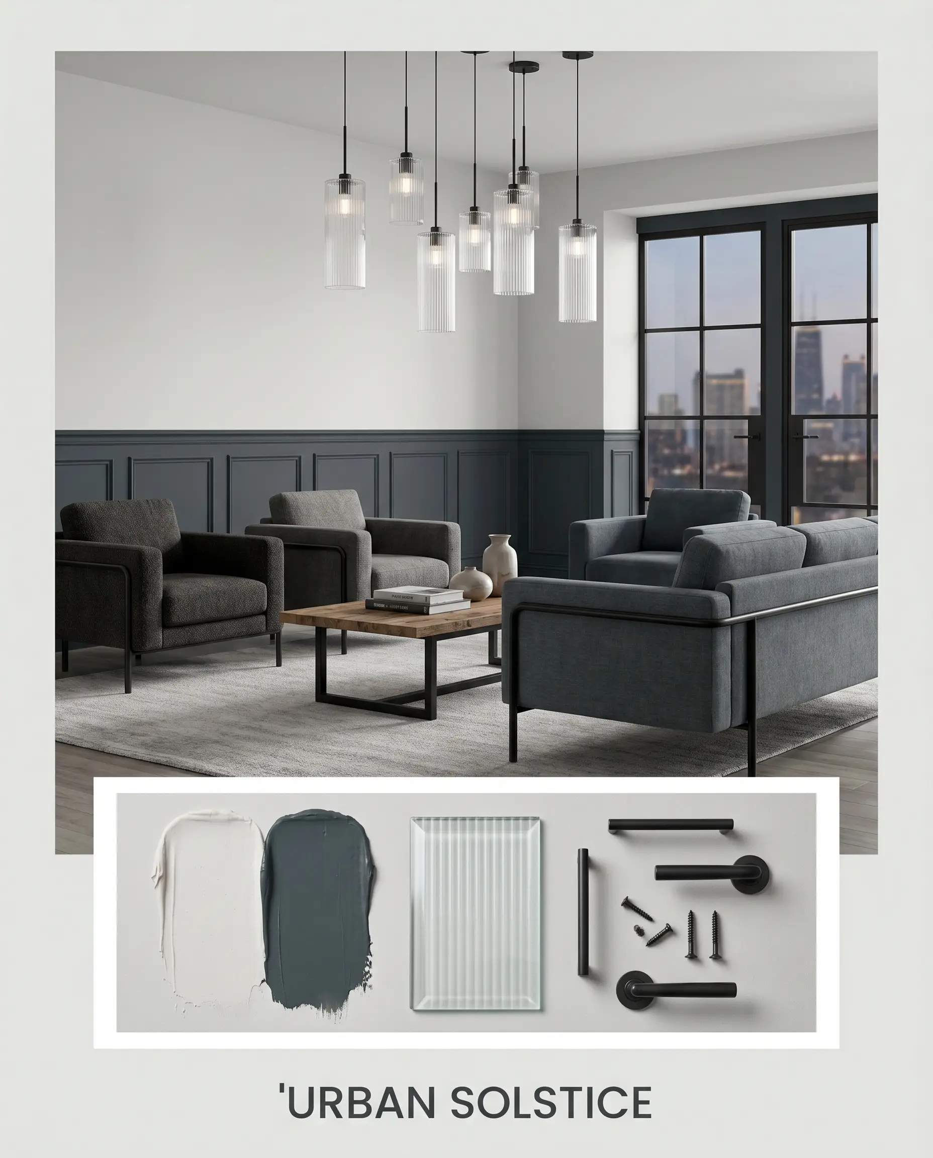 Fluted glass light fixtures and blackened steel seating contrast against dark lower wainscoting and cool-toned off-white upper walls in an urban layout.