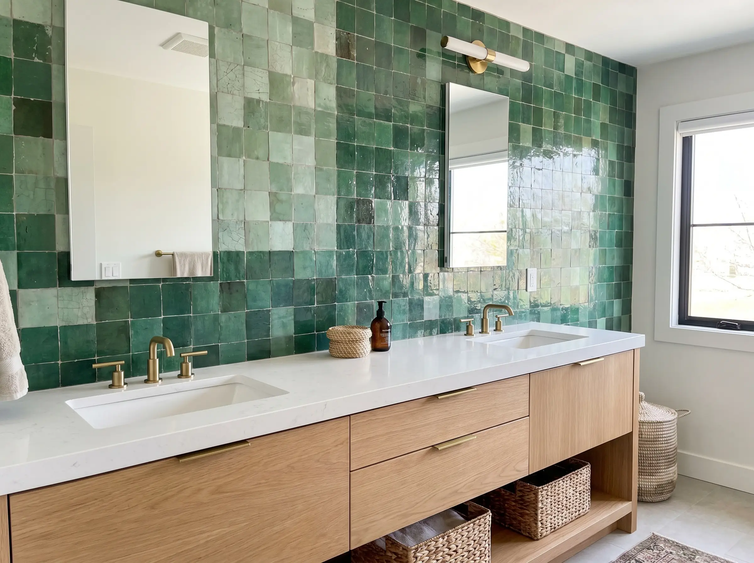 A sleek contemporary double vanity anchors a green zellige tile bathroom backsplash displaying heavily variegated color shifts and authentic kiln-fired glaze crazing.