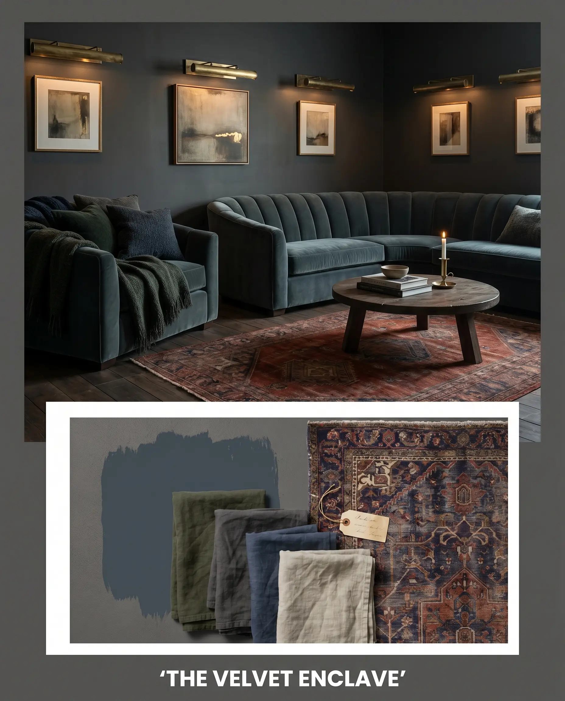 An editorial magazine layout displays a moody room with channel-tufted seating above an inset panel containing thick washed linen swatches and a vintage rug.