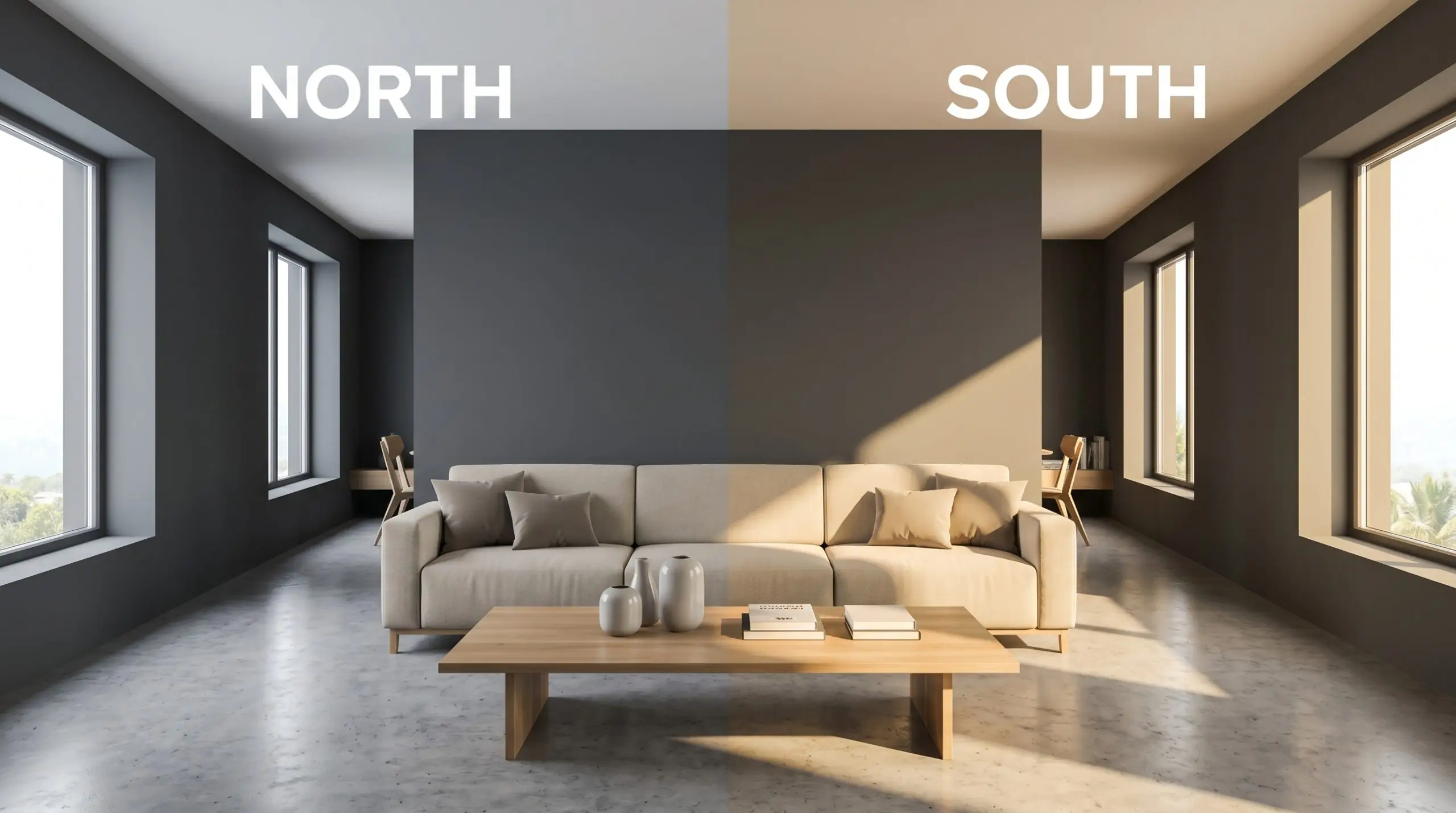 A continuous velvety charcoal living room wall shifts from a cool blue-gray cast in North-facing light to a warm golden tone in South-facing exposure.