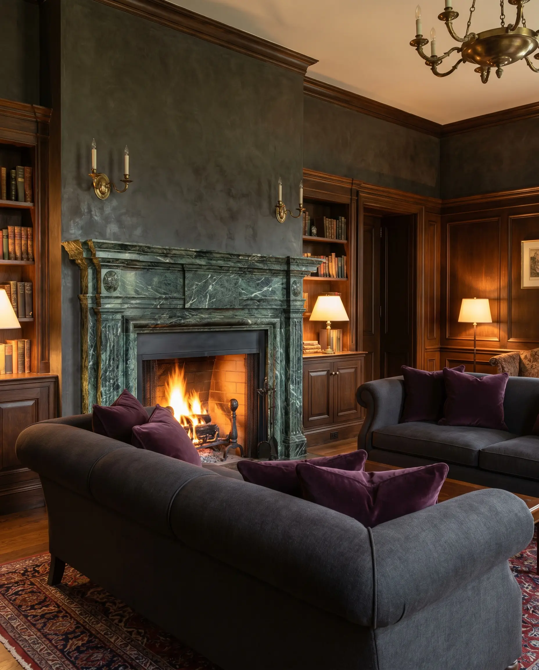 A striking Verde Antigua green stone surround is accented by deep moody unlacquered brass wall sconces and a classic roll-arm sofa with plum pillows.