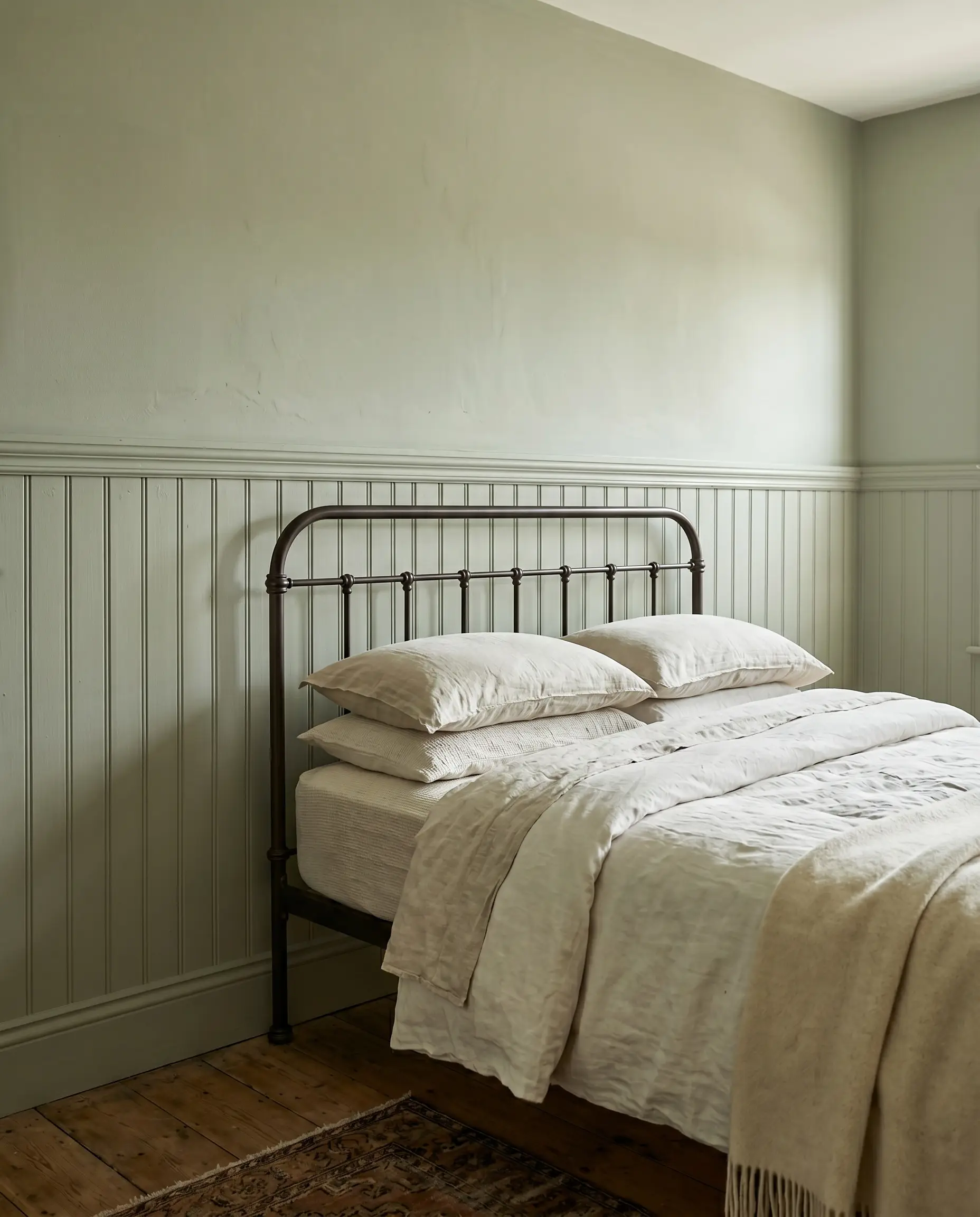 A vintage-inspired iron bed frame with simple linen bedding sits against soft, blue-green painted beadboard wainscoting with an aged, earthy base.