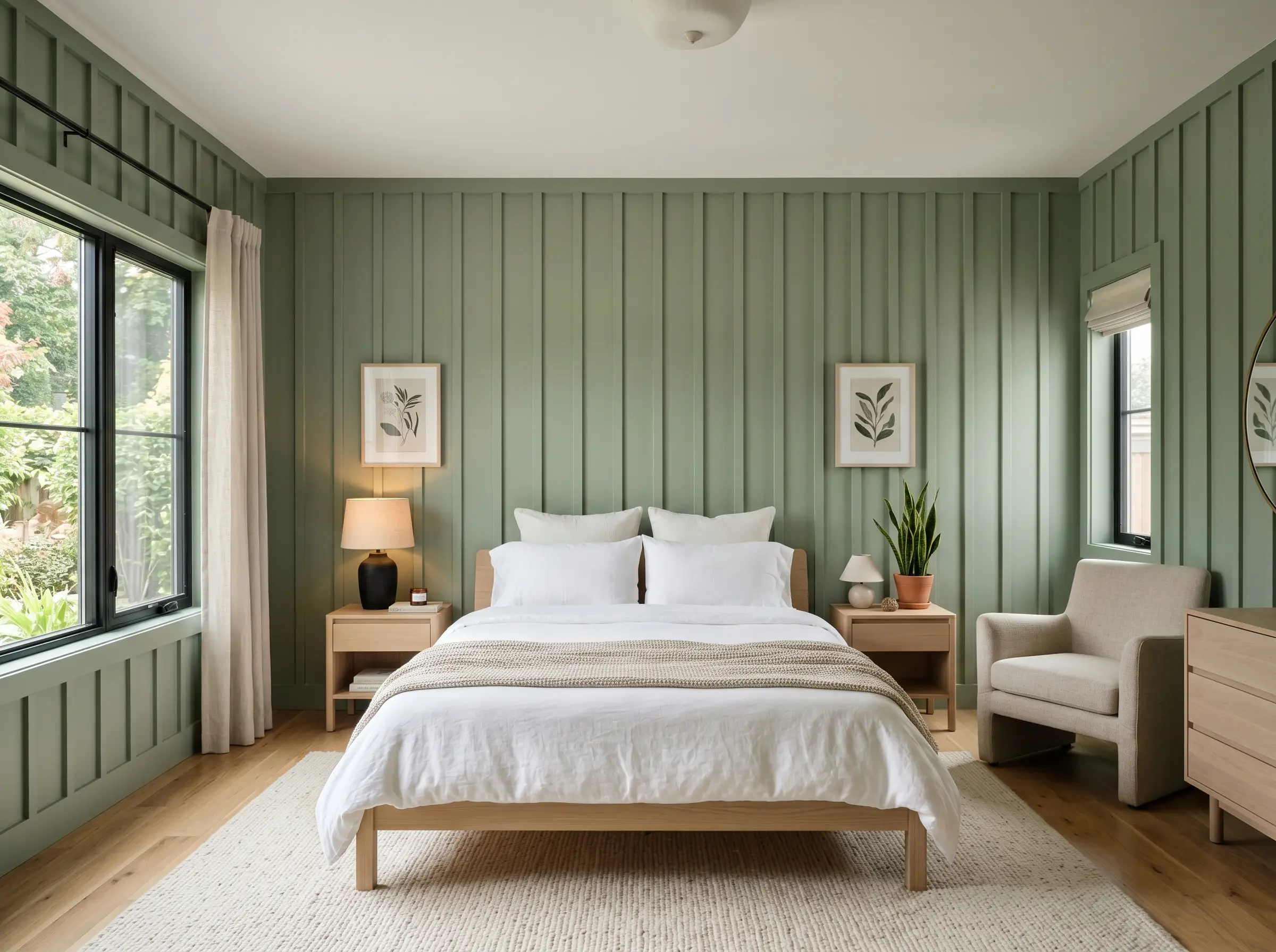 Floor-to-ceiling vertical board and batten architectural millwork painted in a satin green finish frames a clean-lined platform bed dressed in white bedding.