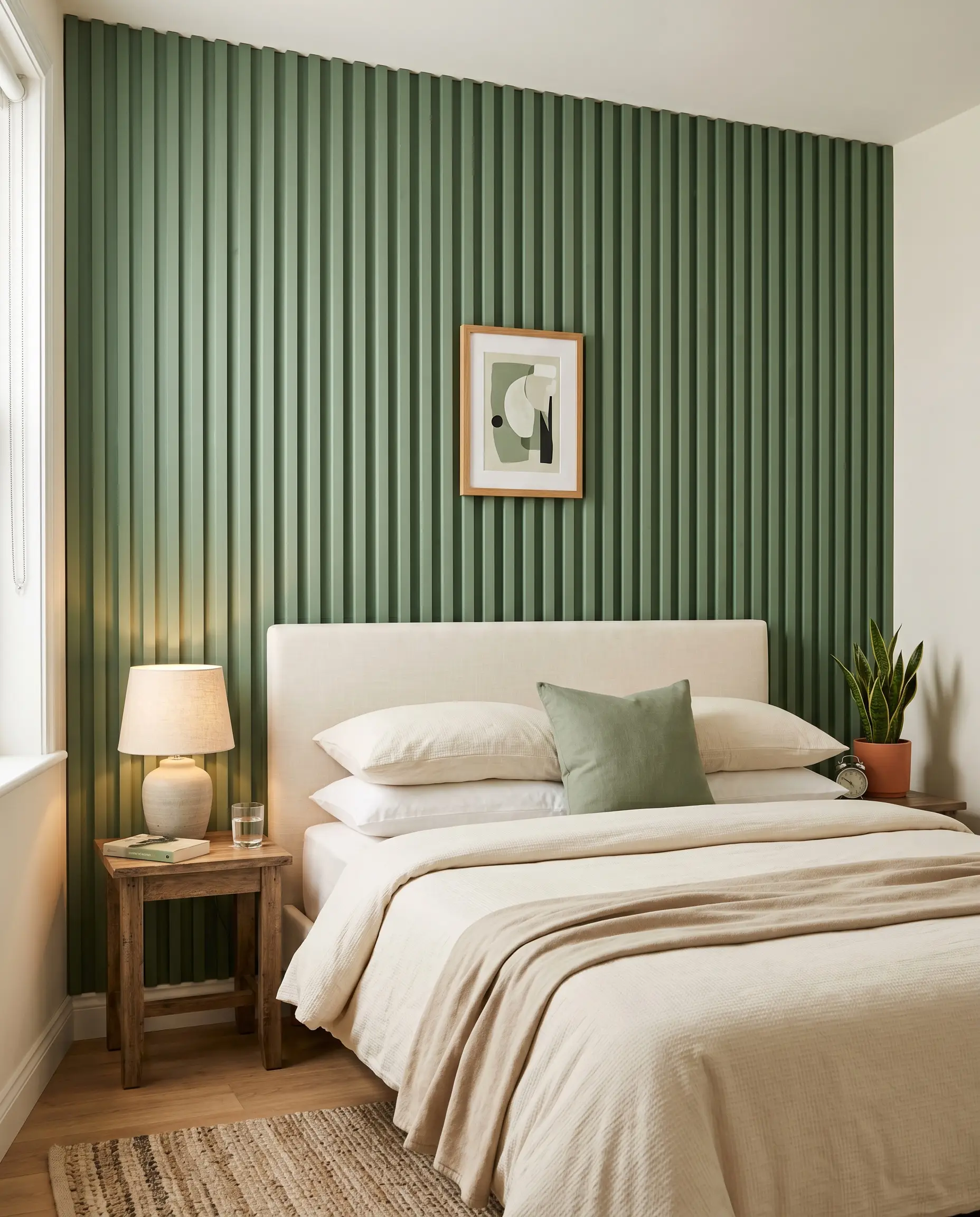 Vertical fluted MDF wood tambours painted in dynamic sage green form a 3D architectural panel behind a bed with simple cream linens.