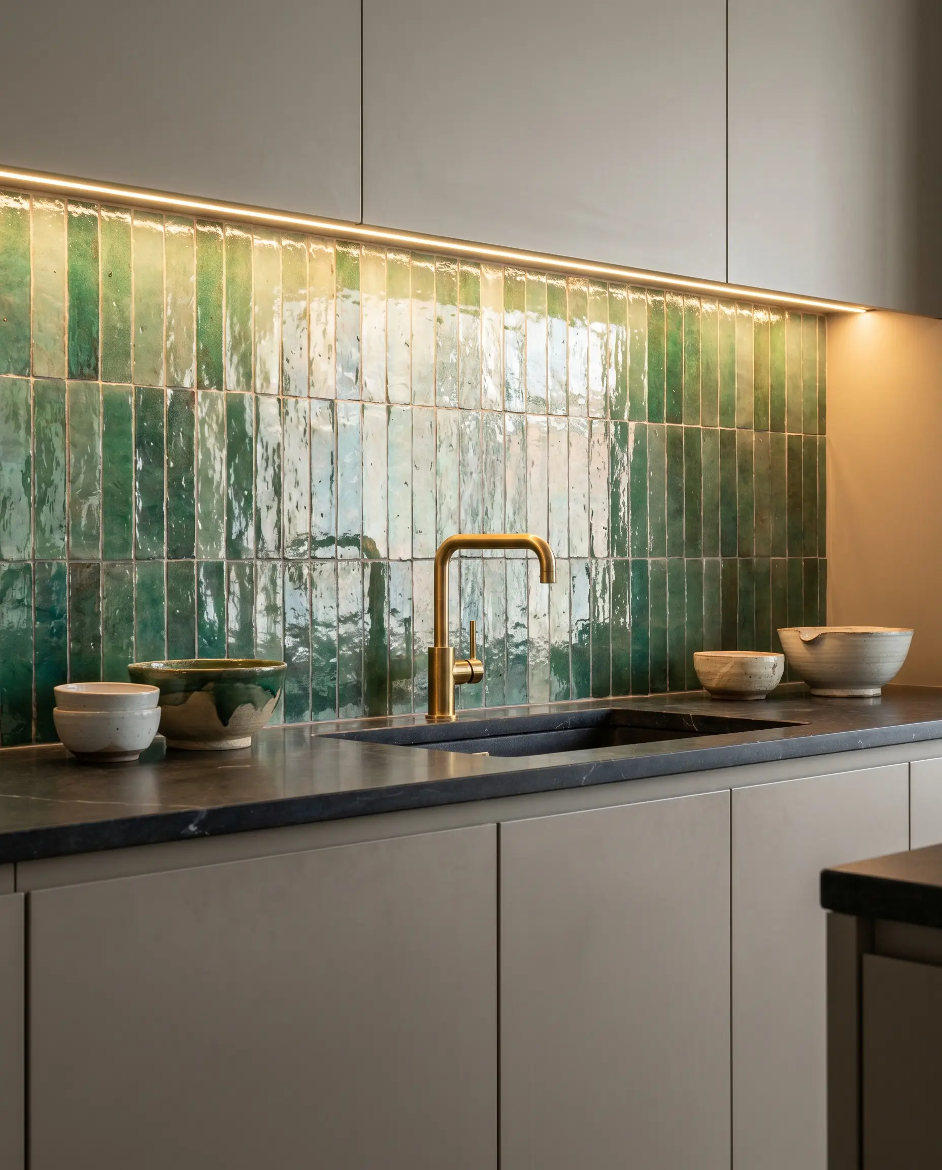 High-gloss, vertically stacked Moroccan Zellige tiles create a striking, undulating backsplash that contrasts against the surrounding matte greige cabinetry.